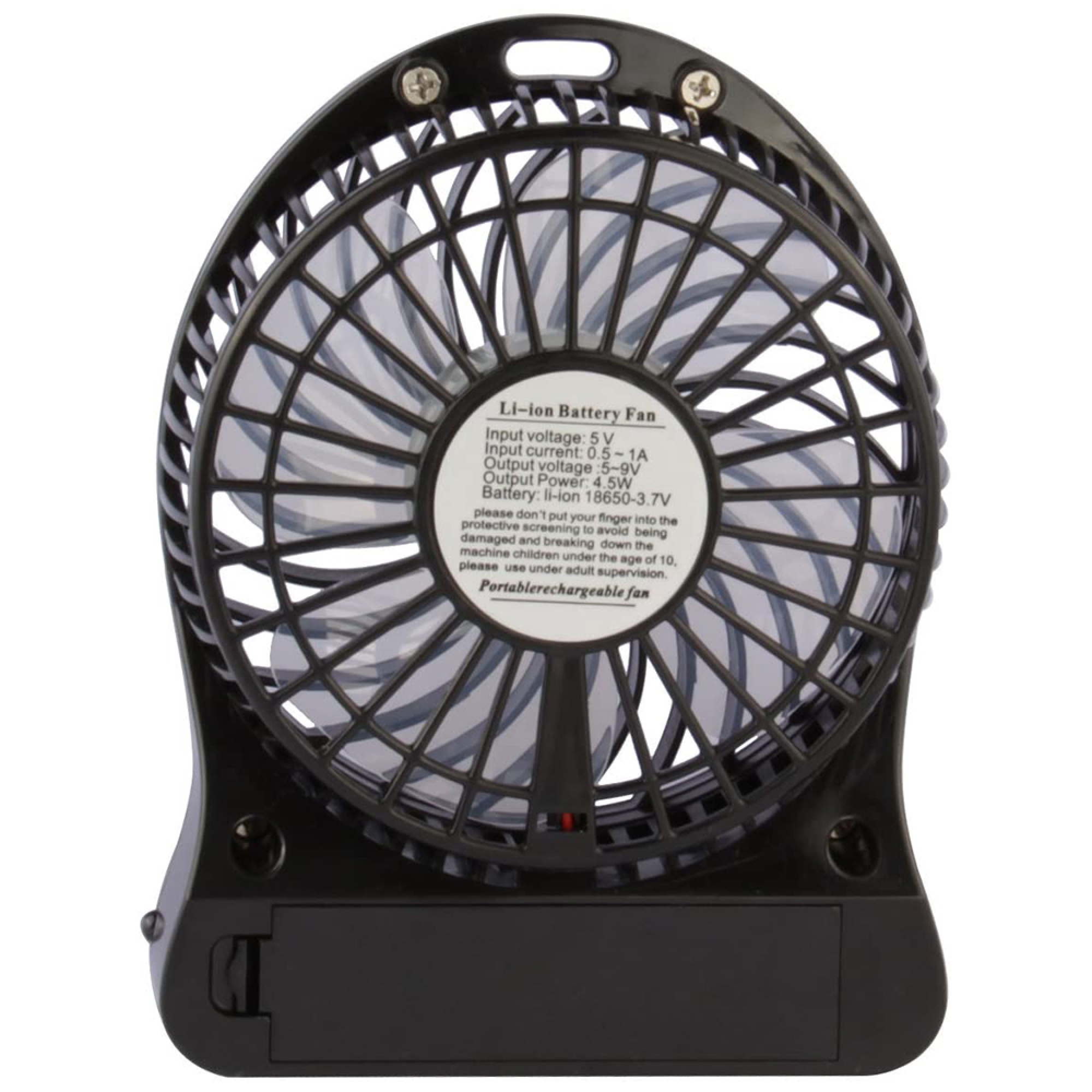 Schwarzer tragbarer Li-ion Akku-Ventilator mit Gitter und Aufschrift.