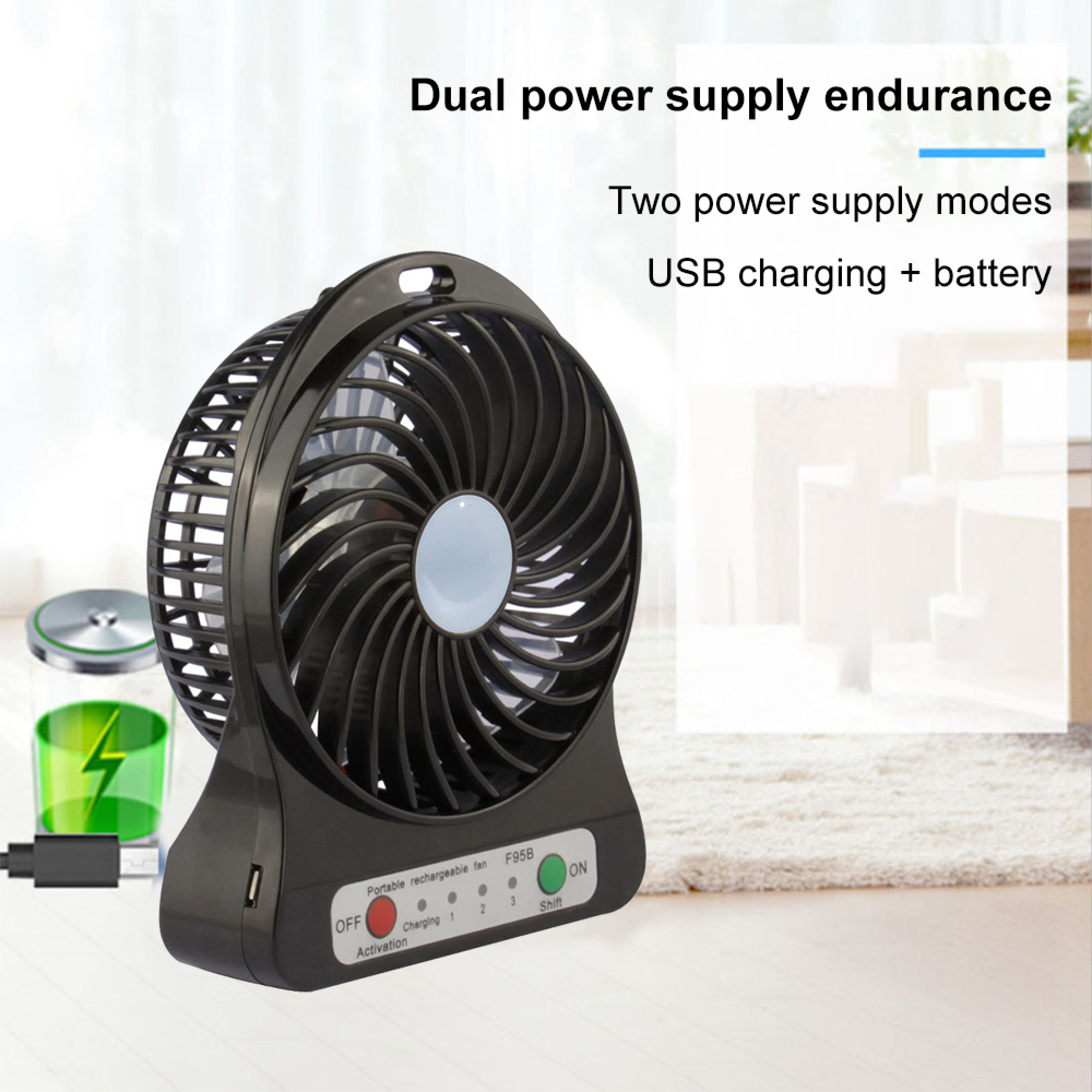 Schwarzer Ventilator mit USB-Ladeanschluss und Batterieanzeige.