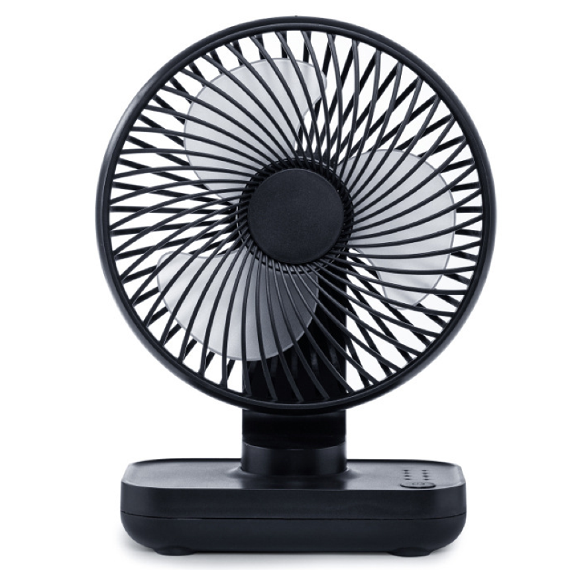 Ein schwarzer, runder Tischventilator mit Metallgitter und drei Rotorblättern.
