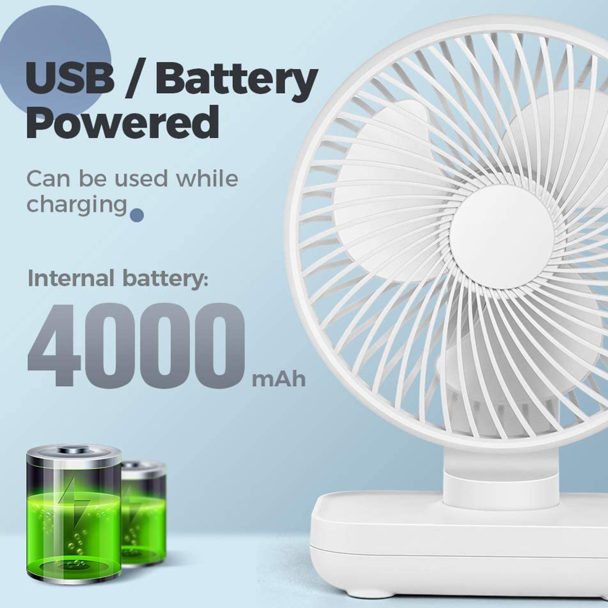 Ein weißer Tischventilator mit USB-/Akkubetrieb und 4000mAh. Links sind zwei grüne Batterien abgebildet.