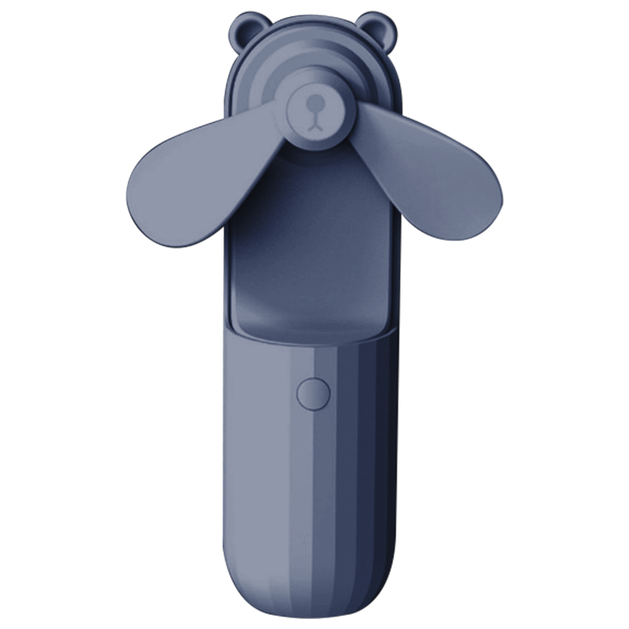 Ein grauer Mini-Ventilator in Bärenform mit zwei Flügeln. Ein Kreis ziert die Mitte.
