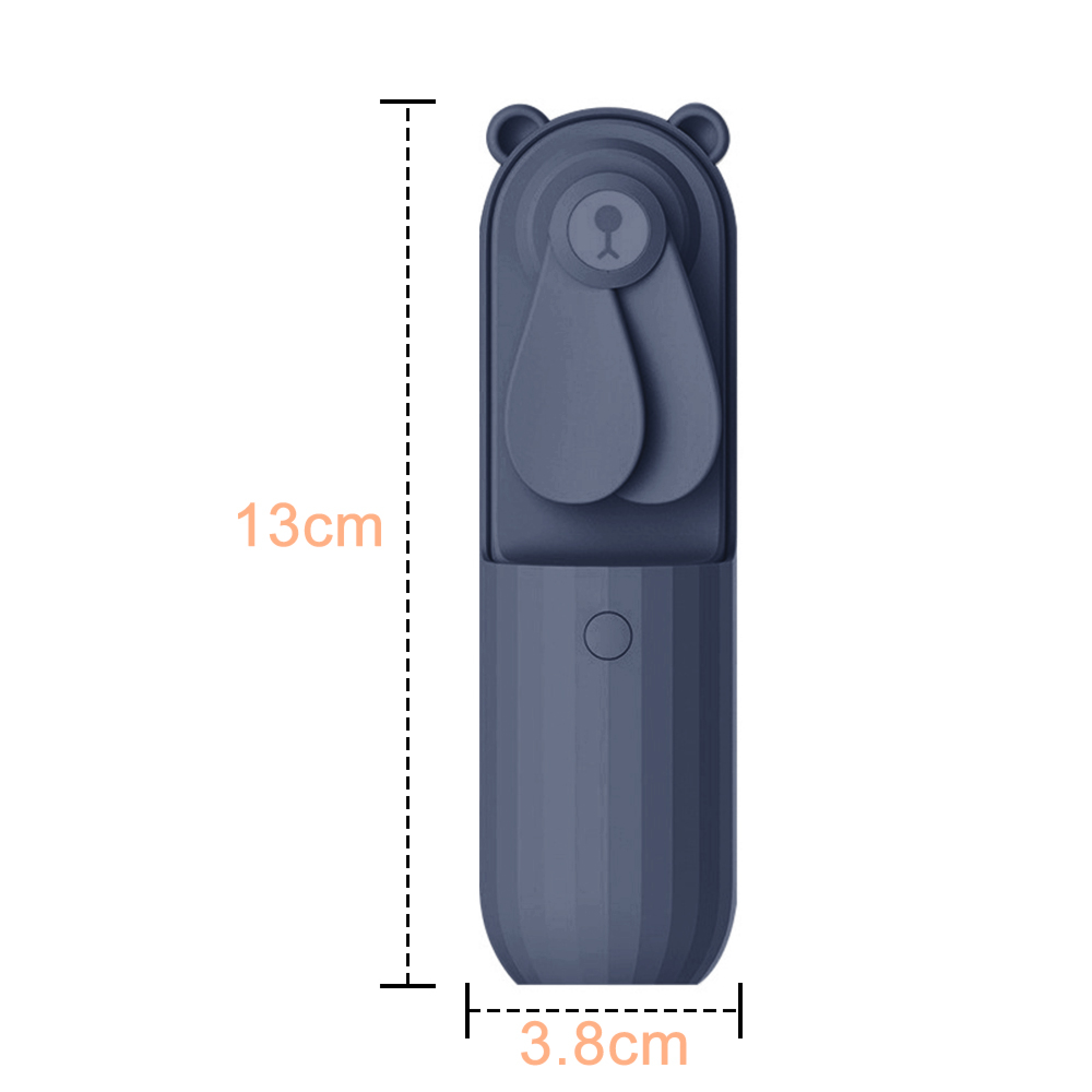 Ein dunkelblauer, bärenförmiger Mini-Ventilator, 13 cm lang, 3,8 cm breit.