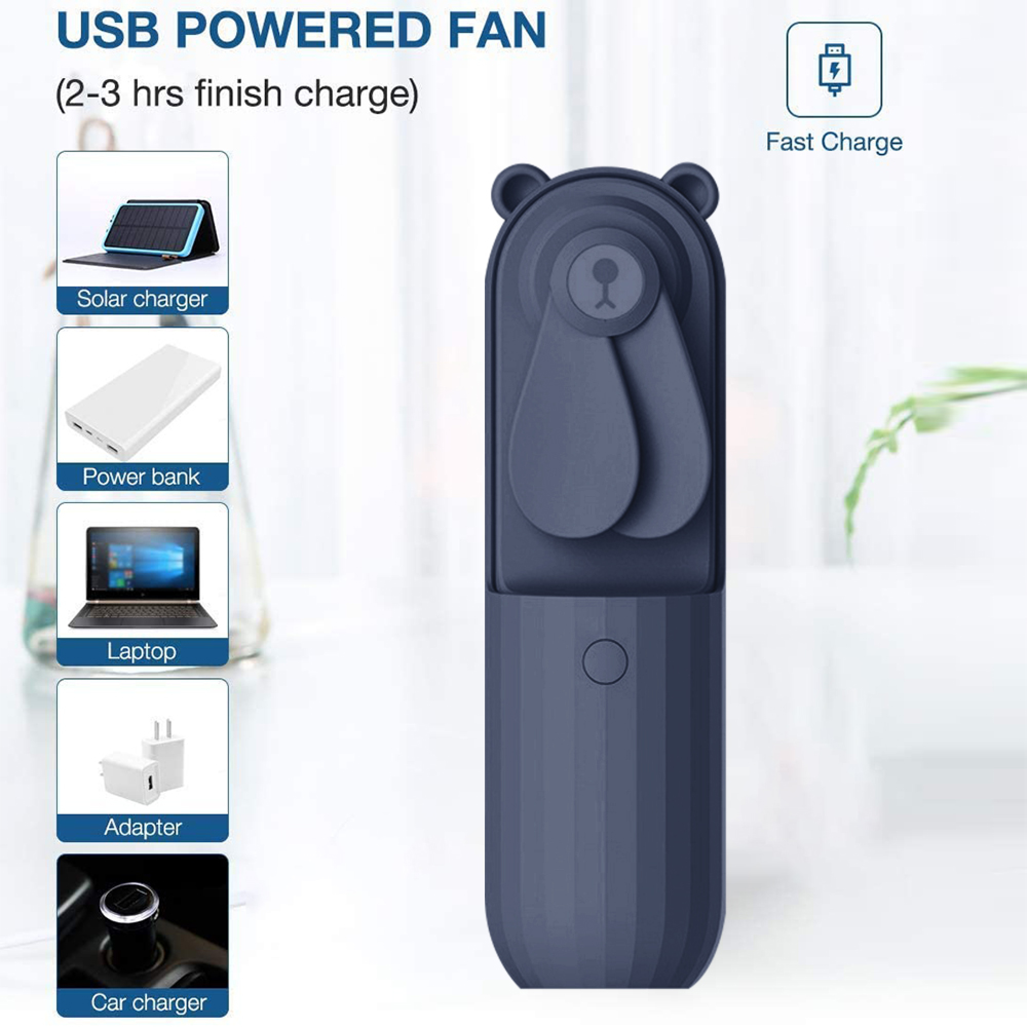 Ein blauer USB-Ventilator mit Bärenohren, der mit Solar, Powerbank, Laptop, Adapter oder Autoladegerät aufgeladen werden kann.