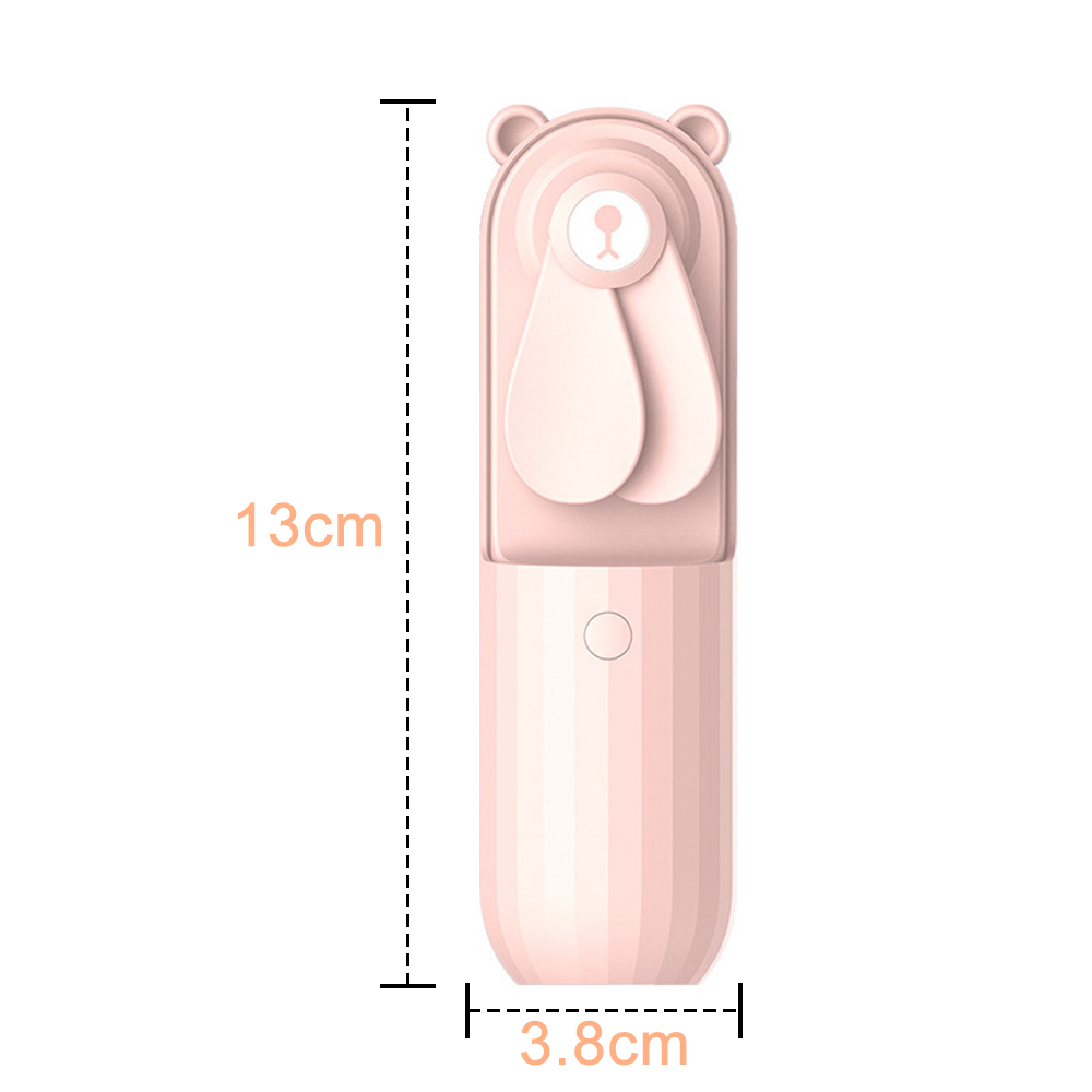 Ein rosafarbener, bärenförmiger Mini-Ventilator mit Maßen von 13x3,8 cm.