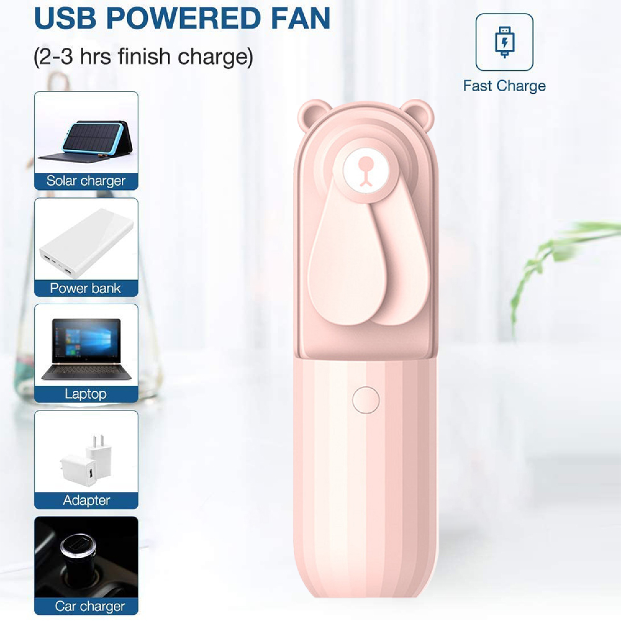 Pinker USB-Ventilator mit Bärengesign, gezeigt mit Solarladegerät, Powerbank, Laptop, Adapter.