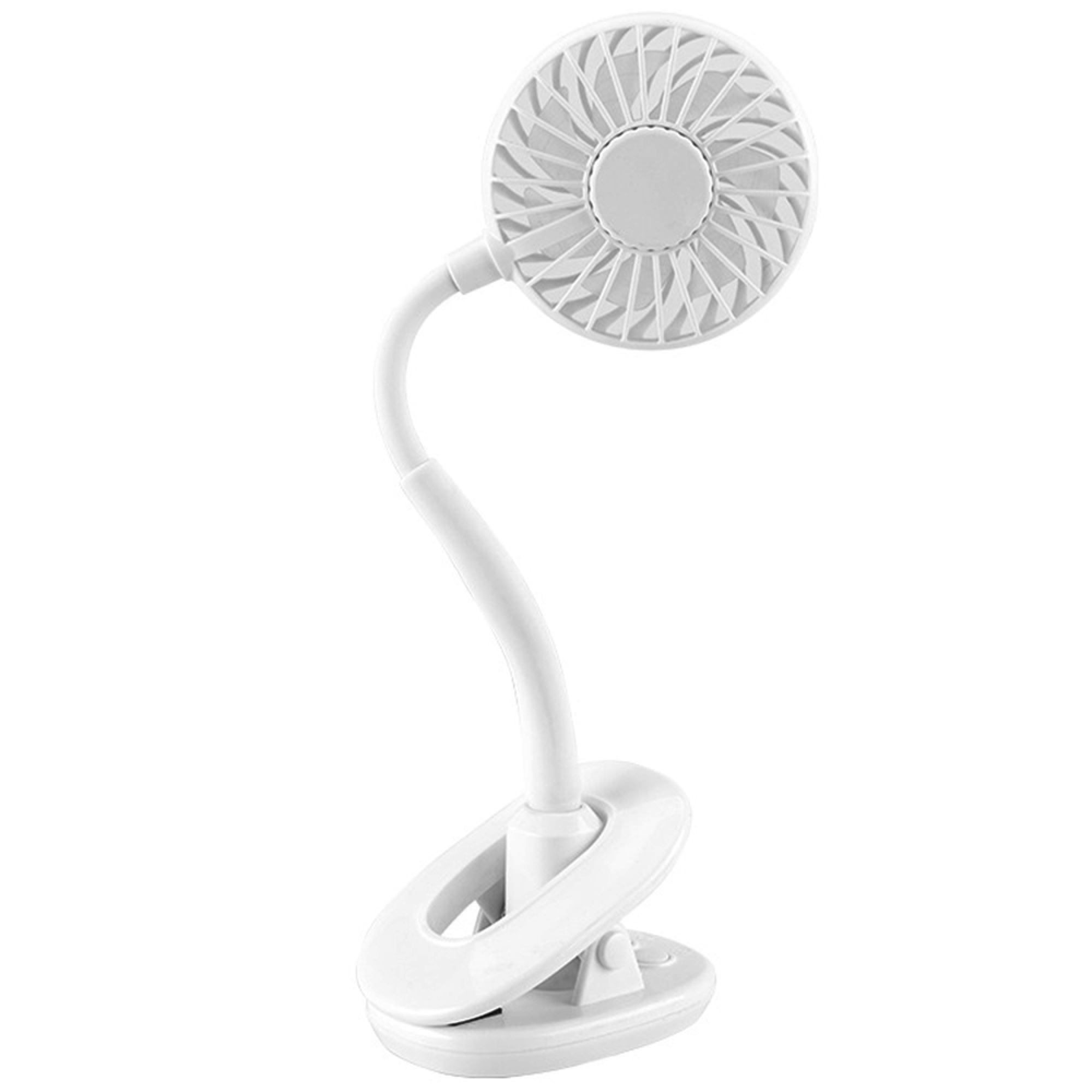 Ein weißer, flexibler USB-Ventilator mit Klemmfuß.