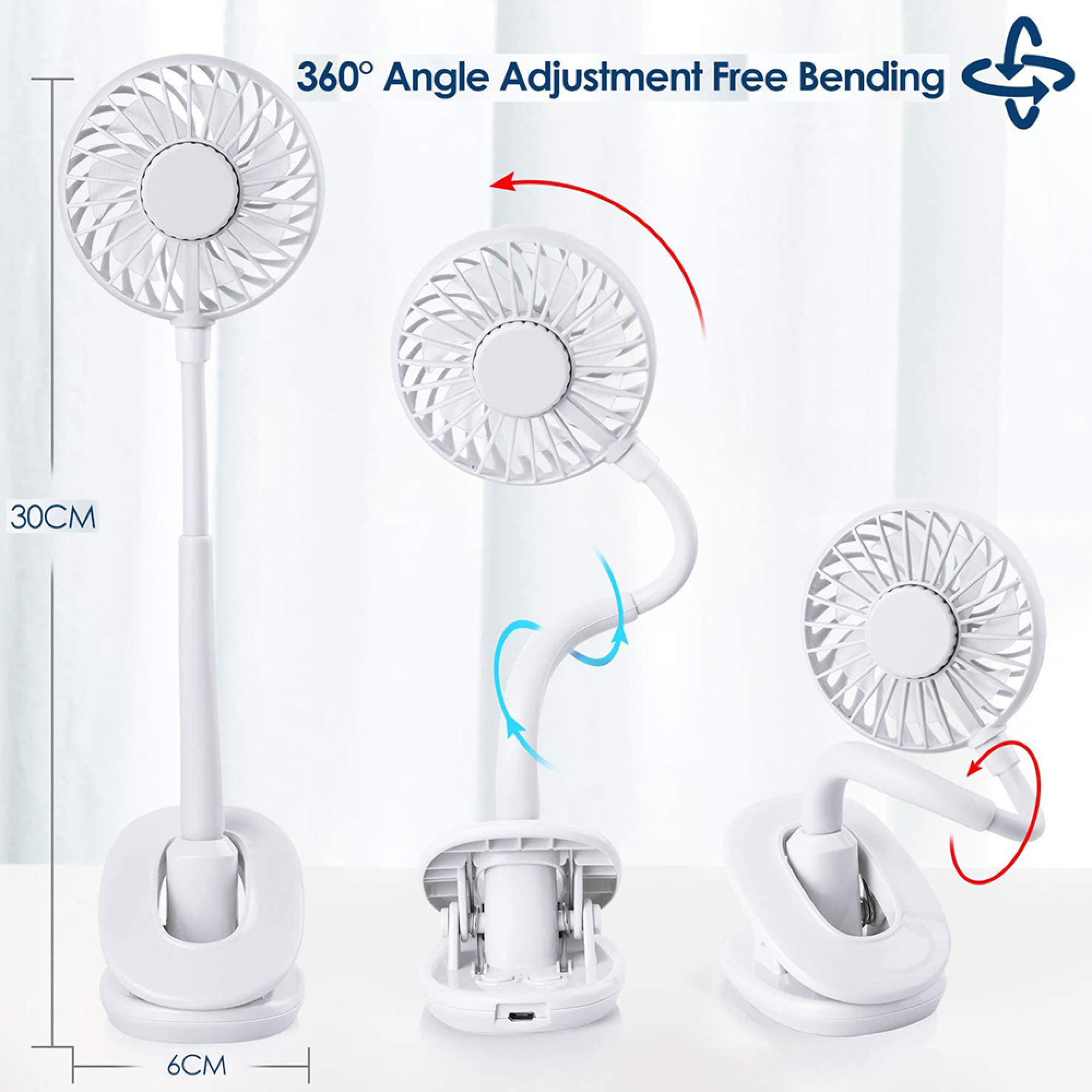 Ein weißer Clip-Ventilator mit flexibler Halterung, 30 cm hoch und 6 cm breit.