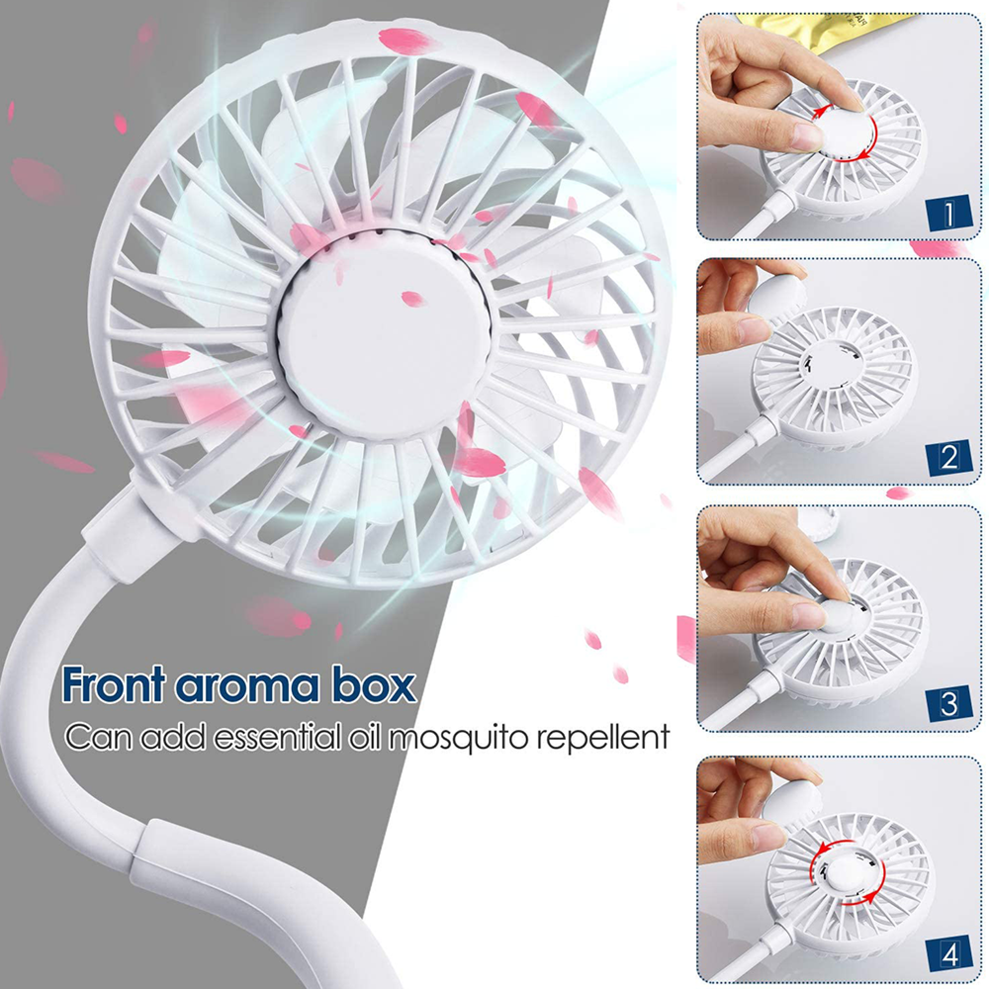 Ein weißer Nackenventilator mit aroma box. Vier Nahaufnahmen zeigen die Bedienung.
