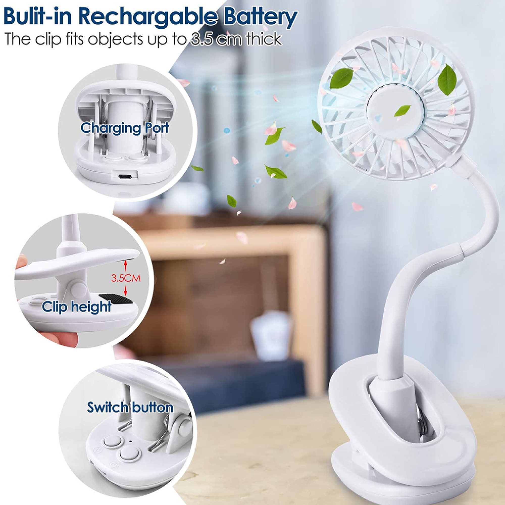 Ein weißer Clip-Ventilator mit flexiblen Hals, Ladeanschluss und Schalter.