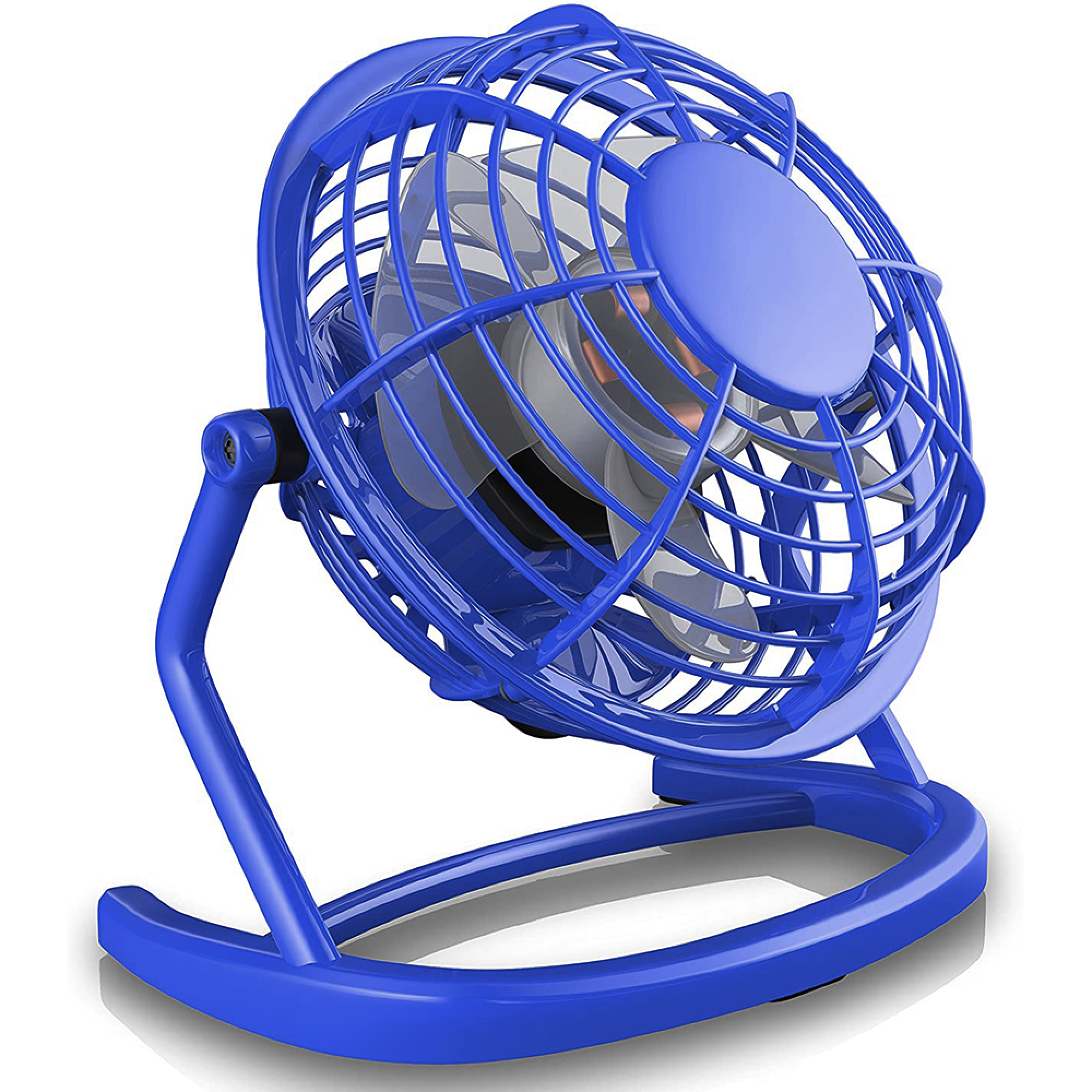 Ein blauer kleiner Ventilator mit Metallblättern auf einem Ständer.