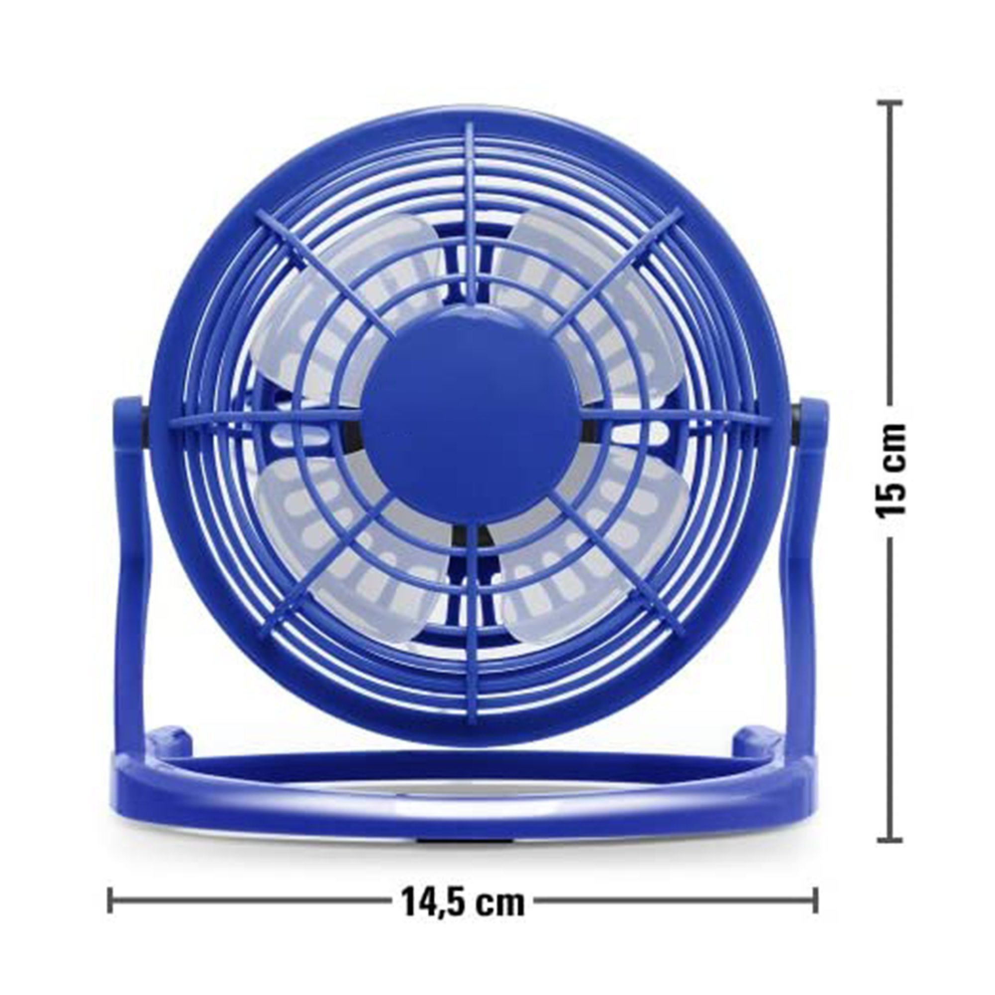 Ein blauer Mini-Tischventilator mit vier durchsichtigen Rotorblättern.