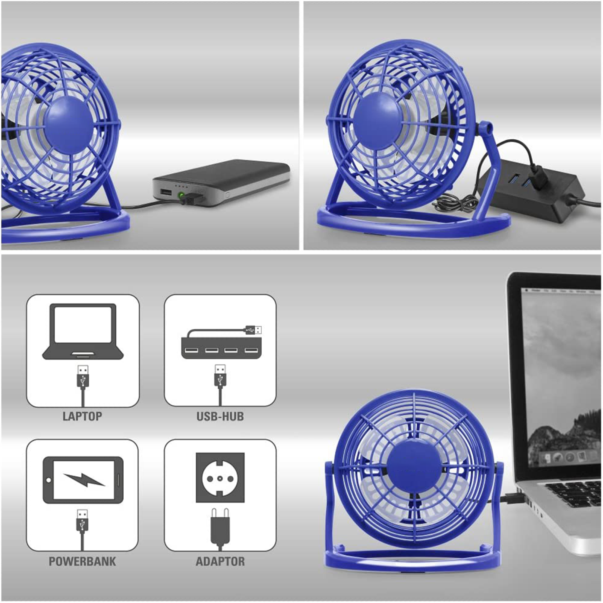 Blauer USB-Ventilator wird an Laptop, Powerbank, USB-Hub oder Netzteil angeschlossen.