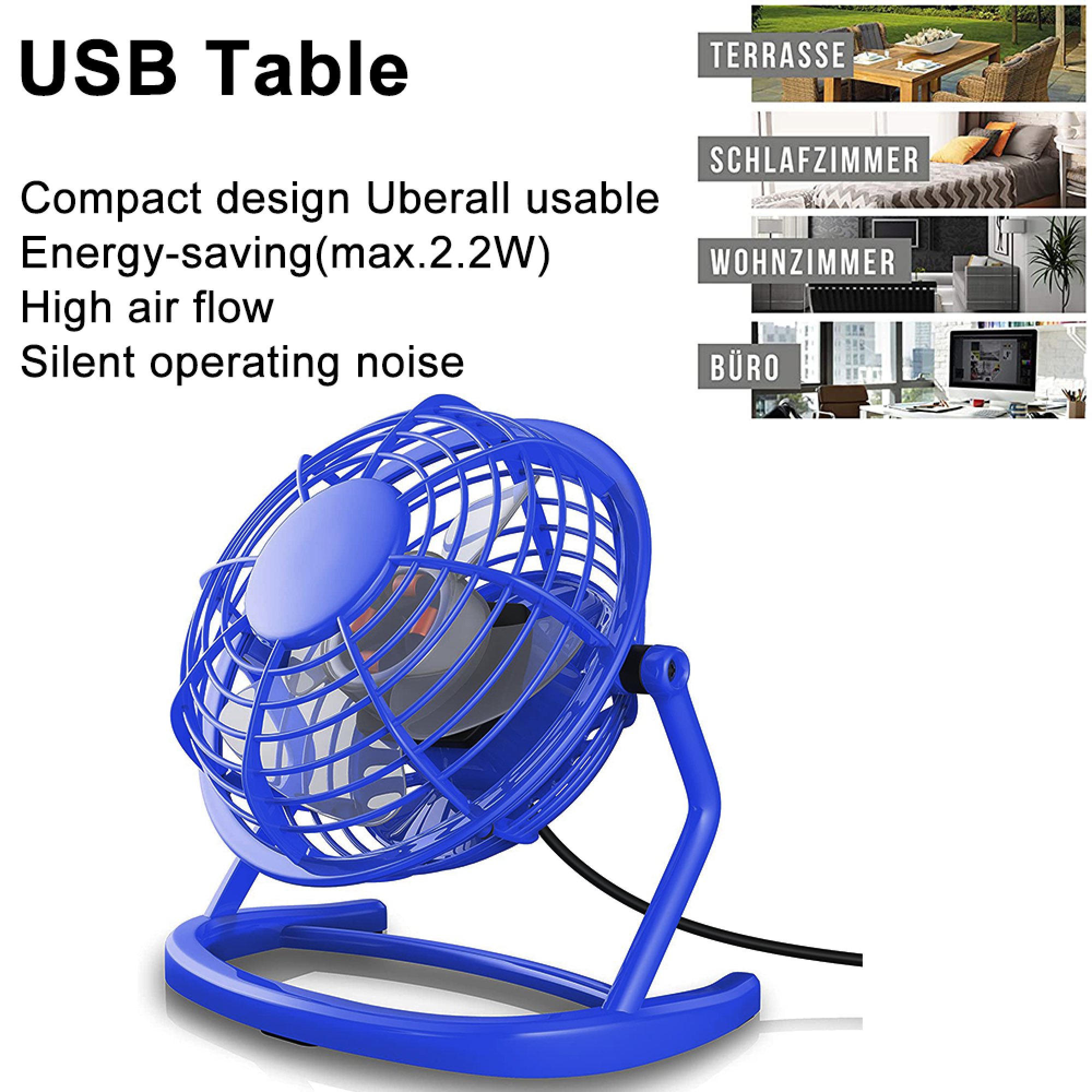 Blauer USB-Tischventilator mit verstellbarem Ständer und schwarzem Kabel.