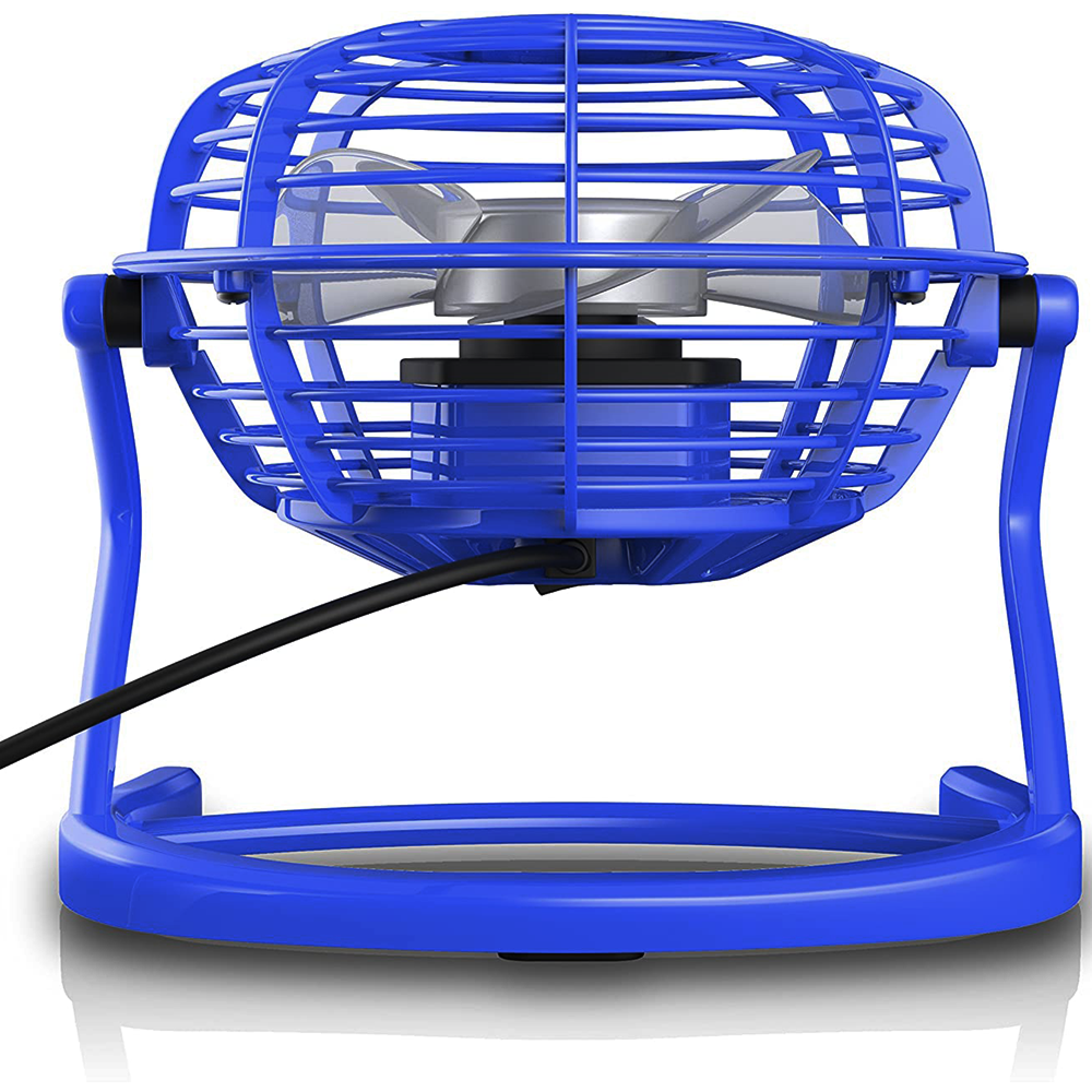 Ein kleiner blauer Ventilator mit silbernen Rotorblättern und einem schwarzen Kabel.