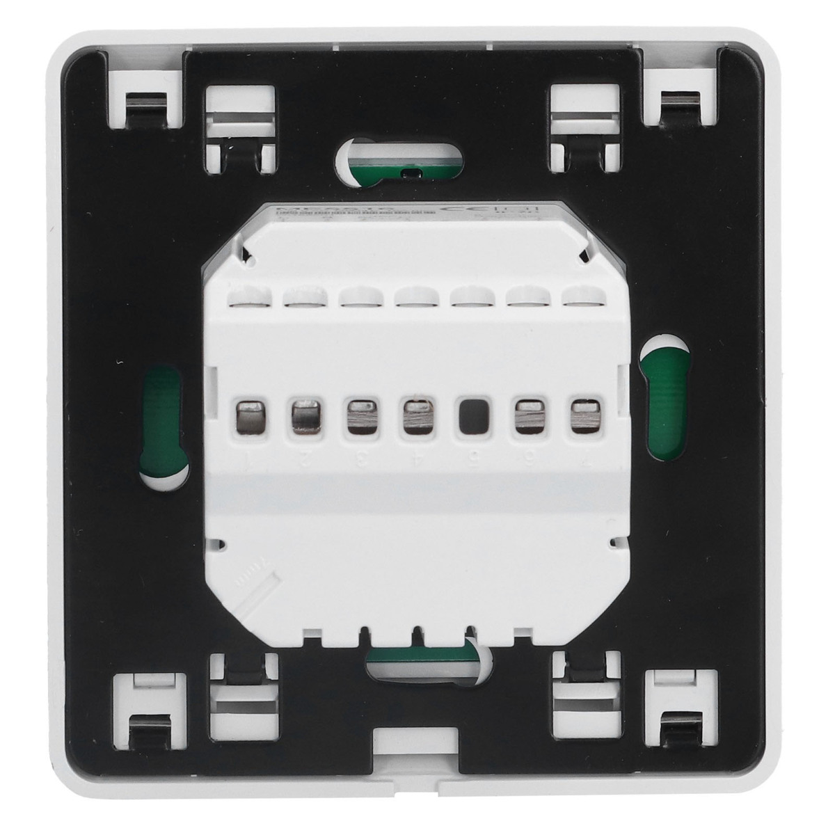 Rückseite eines weißen Thermostat-Konnektors mit 7 Schraubklemmen und grünen Hebeln.