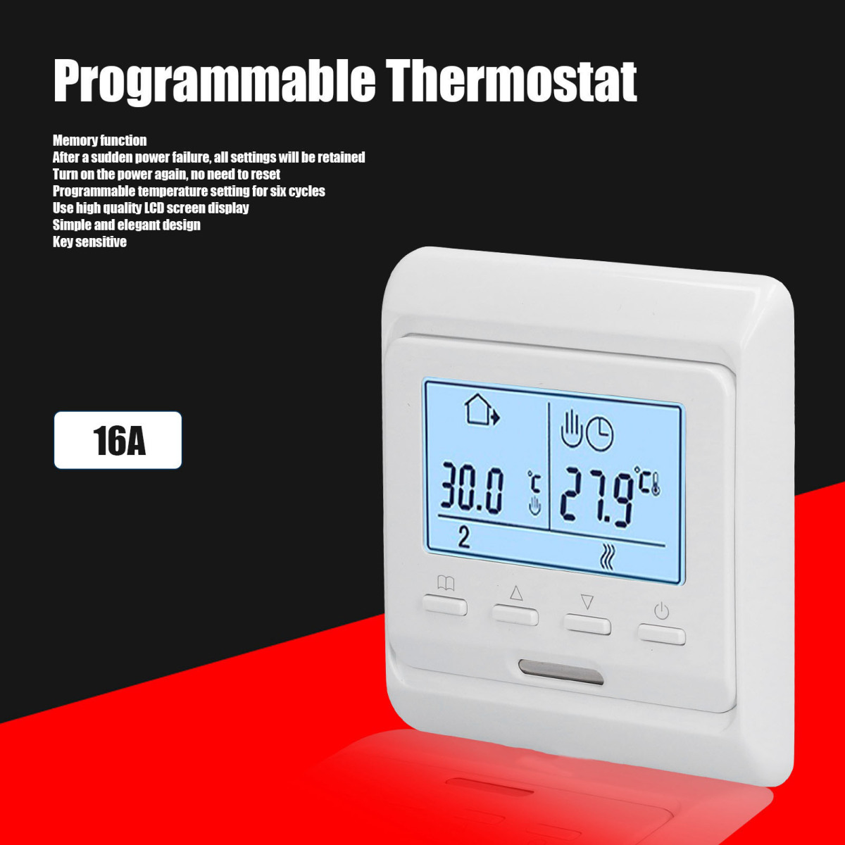 Ein weißer programmierbarer Thermostat mit LCD-Bildschirm zeigt 30,0 und 27,9 Grad an.