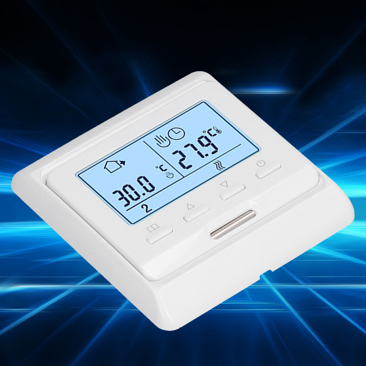 Ein weißes Digitalthermostat zeigt 30,0°C und 27,9°C auf blauem Hintergrund.