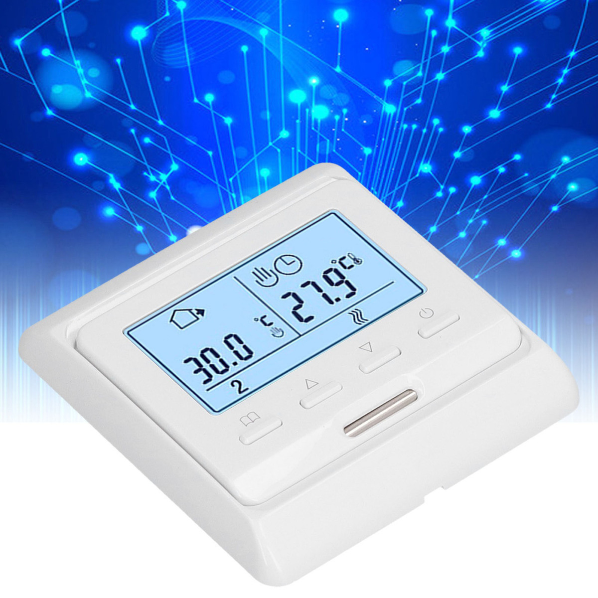 Ein weißer Thermostat mit blauem Display zeigt 30.0 und 27.9 Grad an.