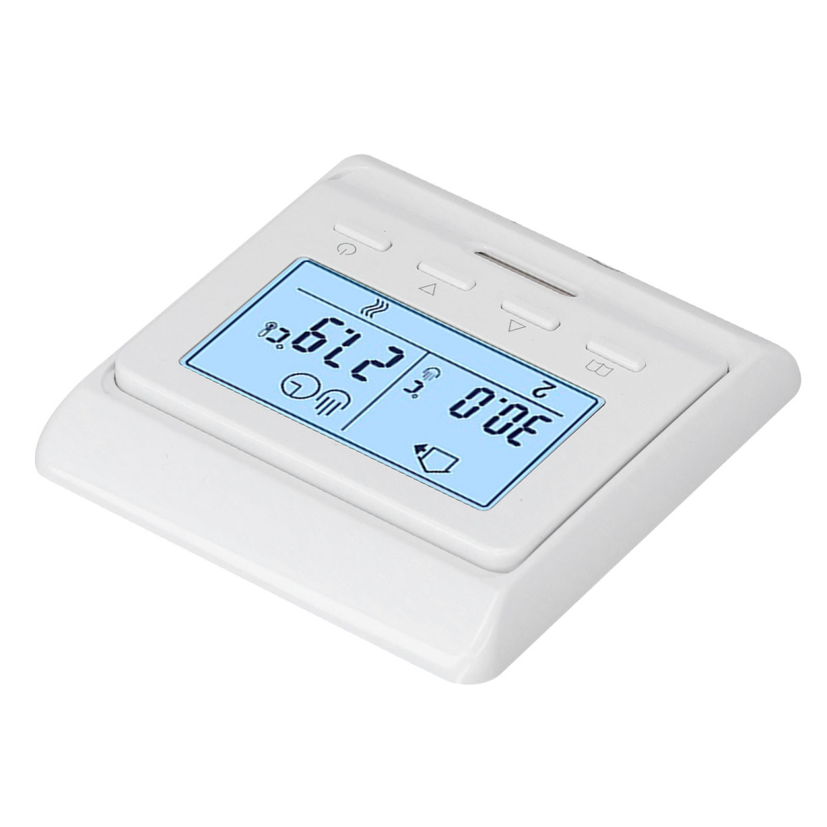 Ein weißer digitaler Thermostat mit blauem LCD-Bildschirm zeigt 61,2°F und 30,0°F an.