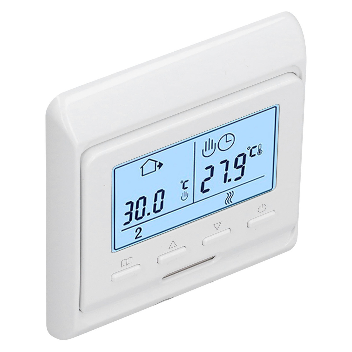 Weißer Thermostat mit blauem LCD-Bildschirm, zeigt 30°C und 27.9°C an.