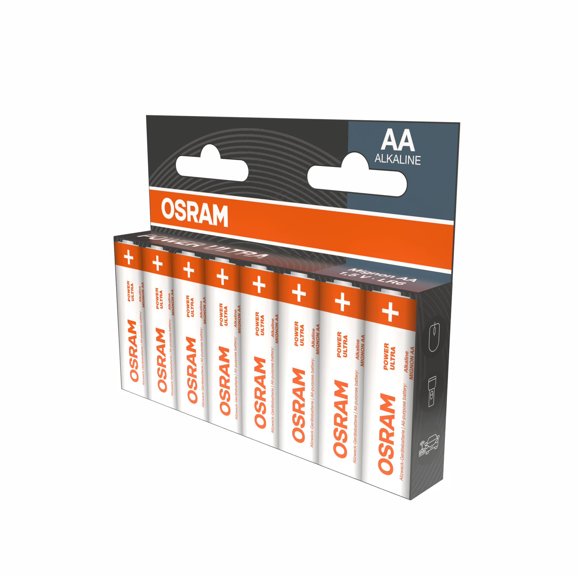 Verpackung mit acht OSRAM AA Alkaline Batterien.