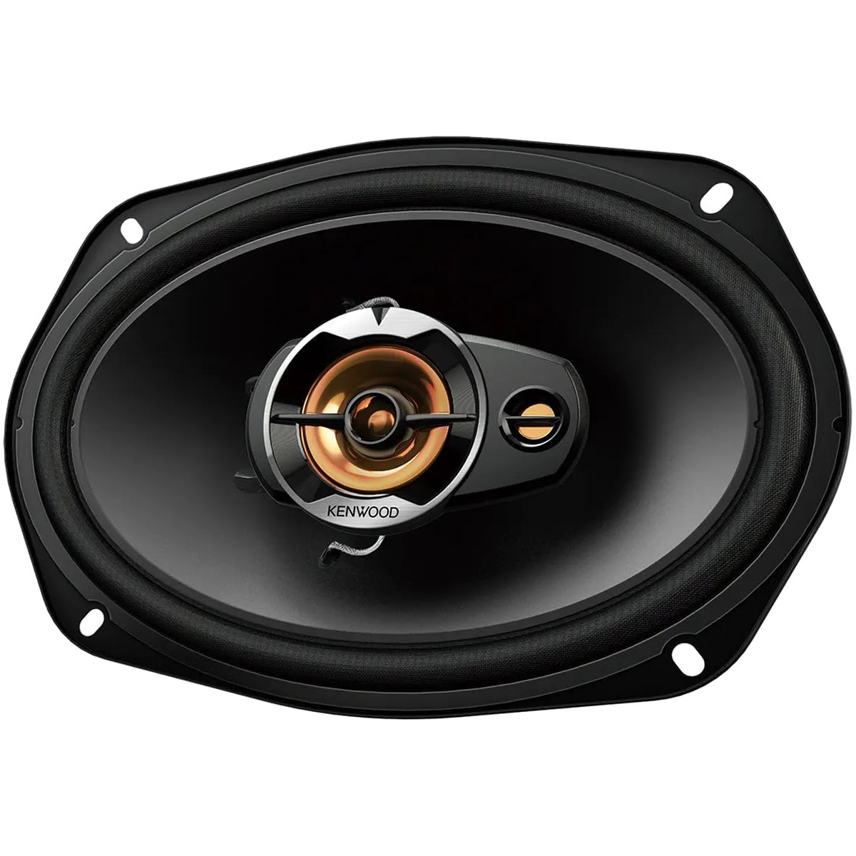 Ein schwarzer ovaler Kenwood-Autolautsprecher mit goldener Mittelmembran und silbernen Akzenten.