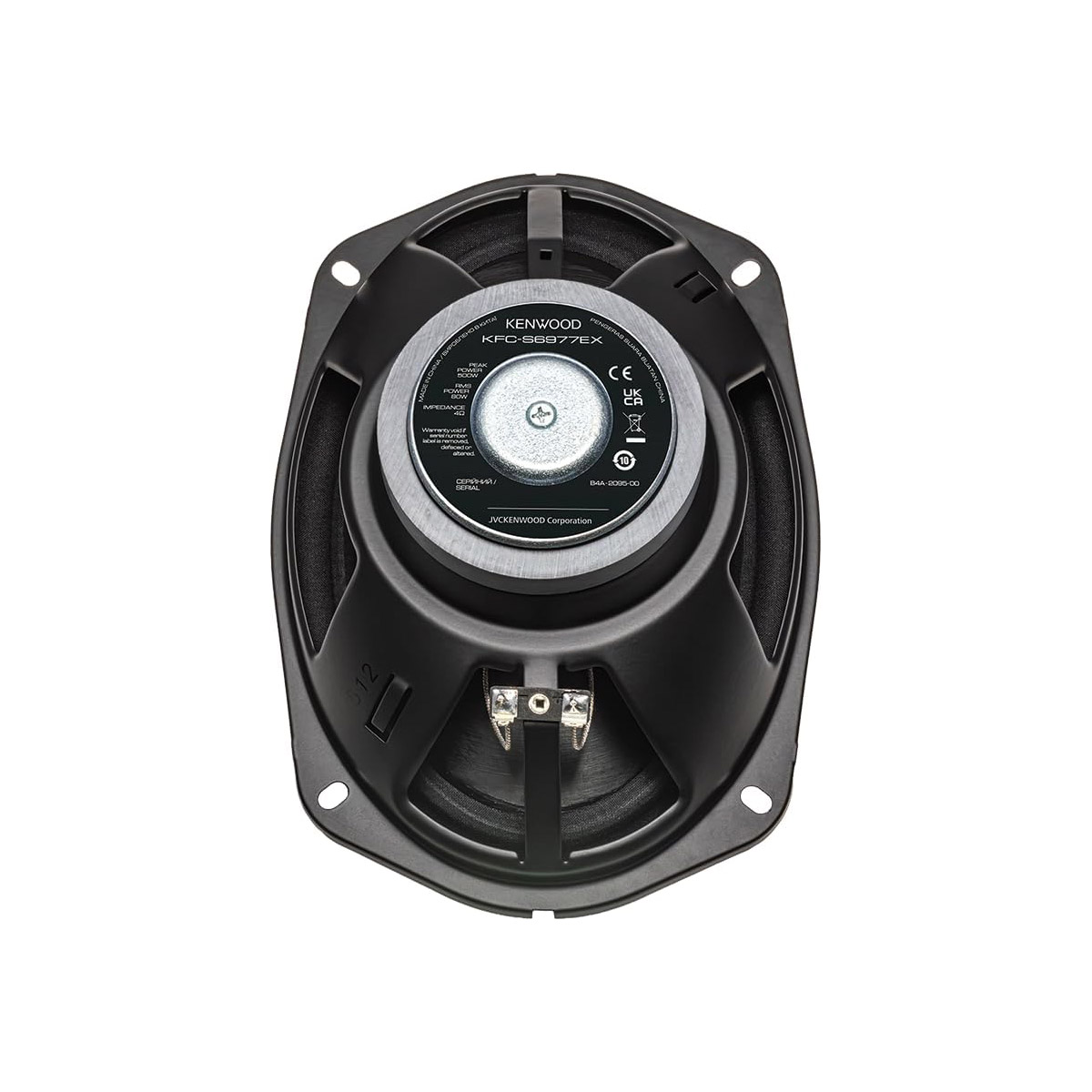 Rückseite eines schwarzen Kenwood Lautsprechers mit technischen Details.