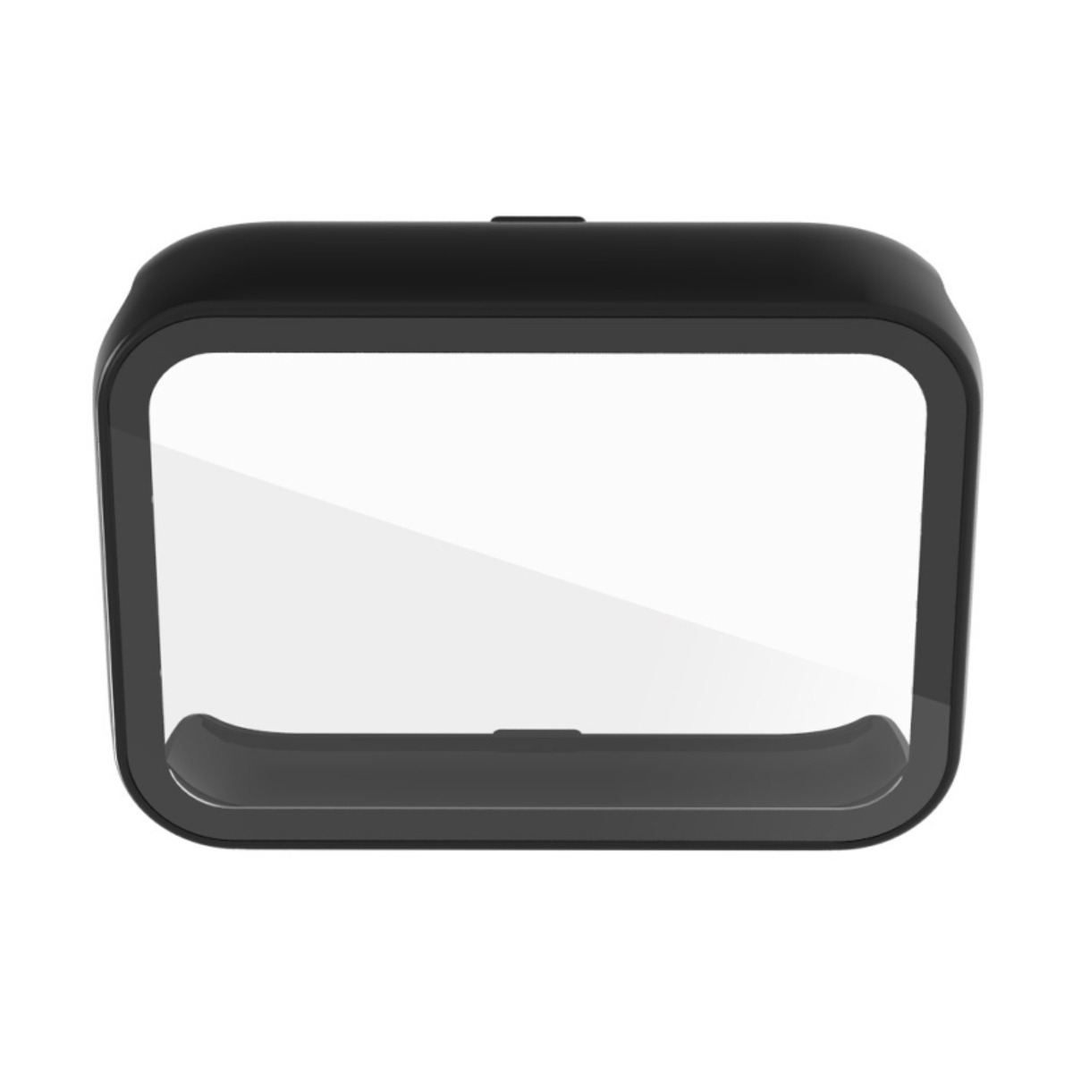Ein schwarzes Gehäuse mit einem transparenten Fenster auf weißem Hintergrund.