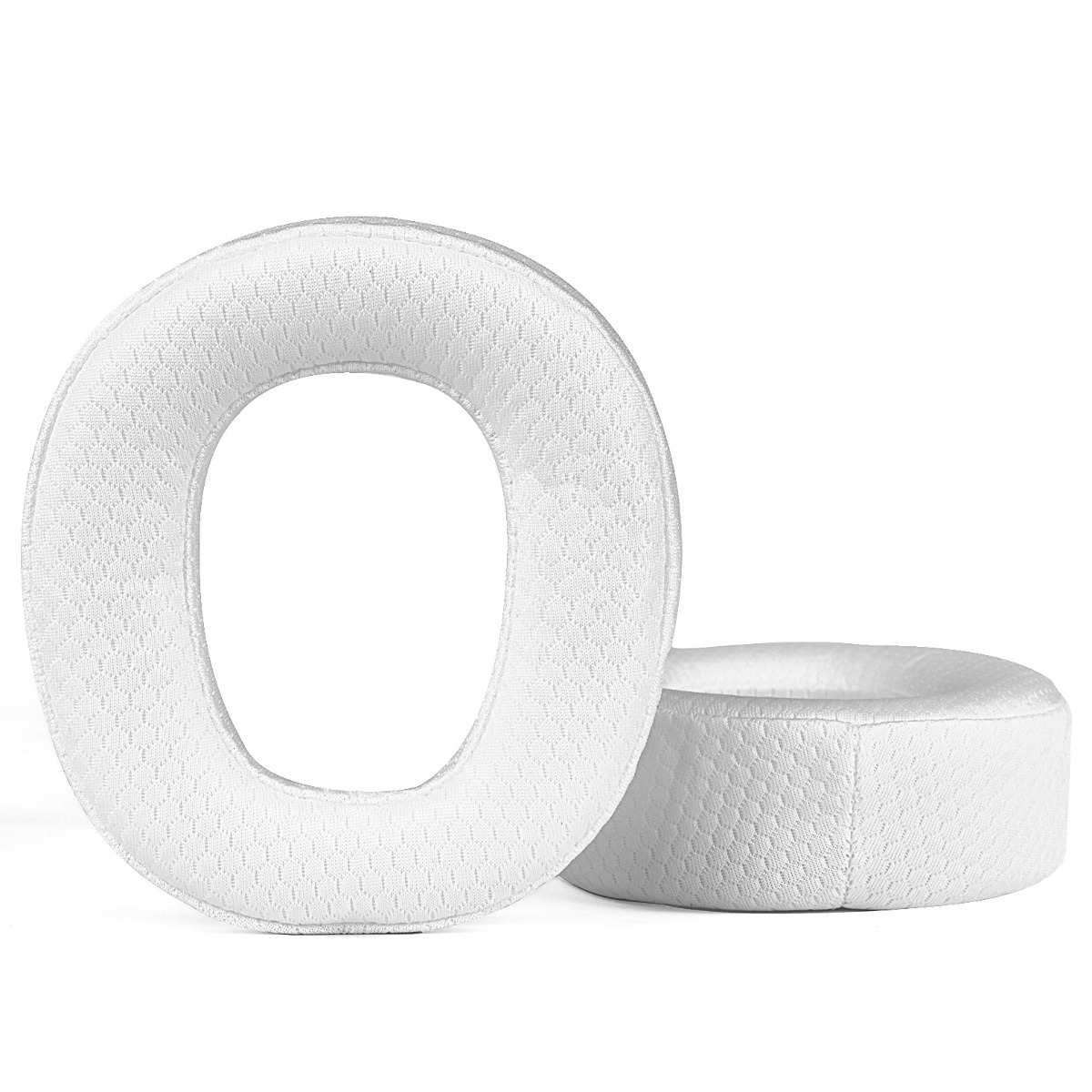 Zwei weiße Ohrpolster, eines oval und offen, das andere rund und geschlossen.