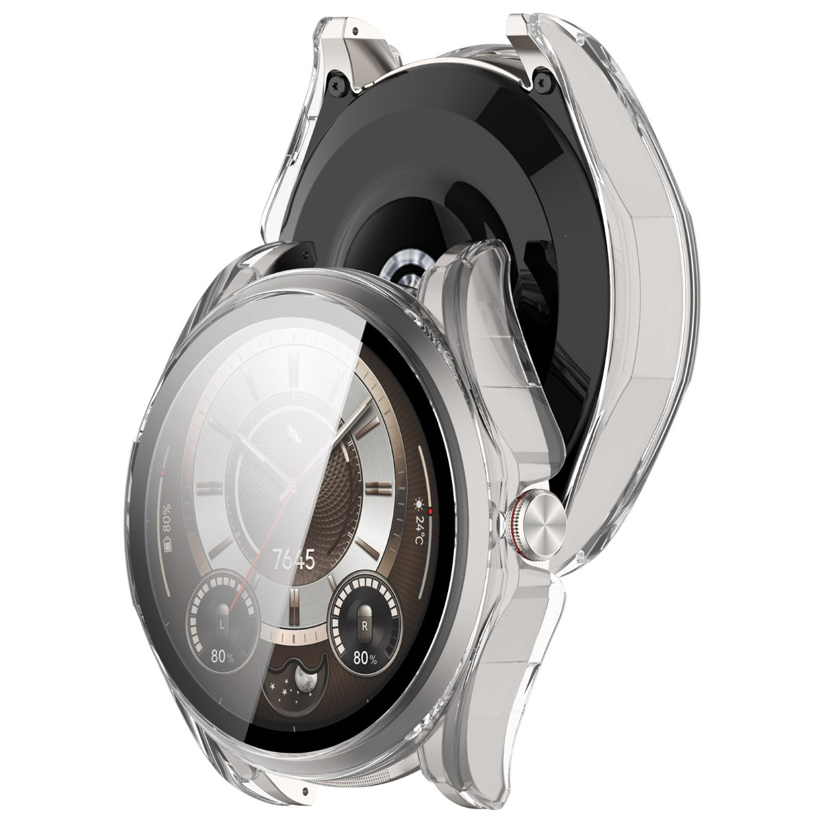 Transparente Schutzhülle für eine Smartwatch mit silbernem Zifferblatt und rotem Akzent.