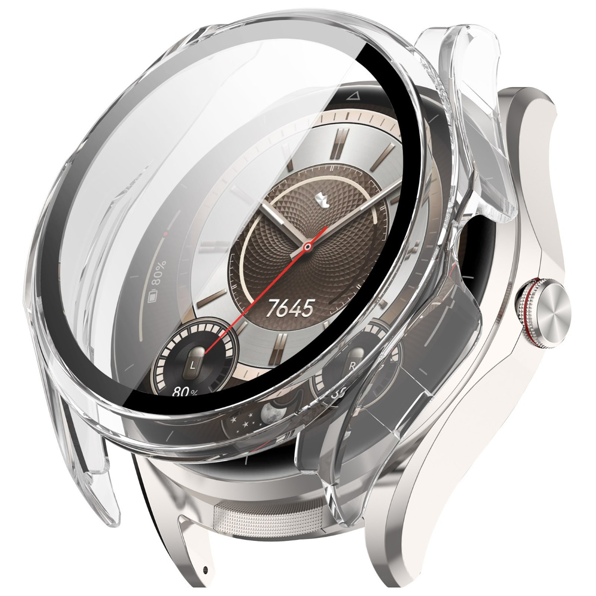 Eine silberne Smartwatch mit klarer Schutzhülle, die ein Display mit 7645 zeigt.