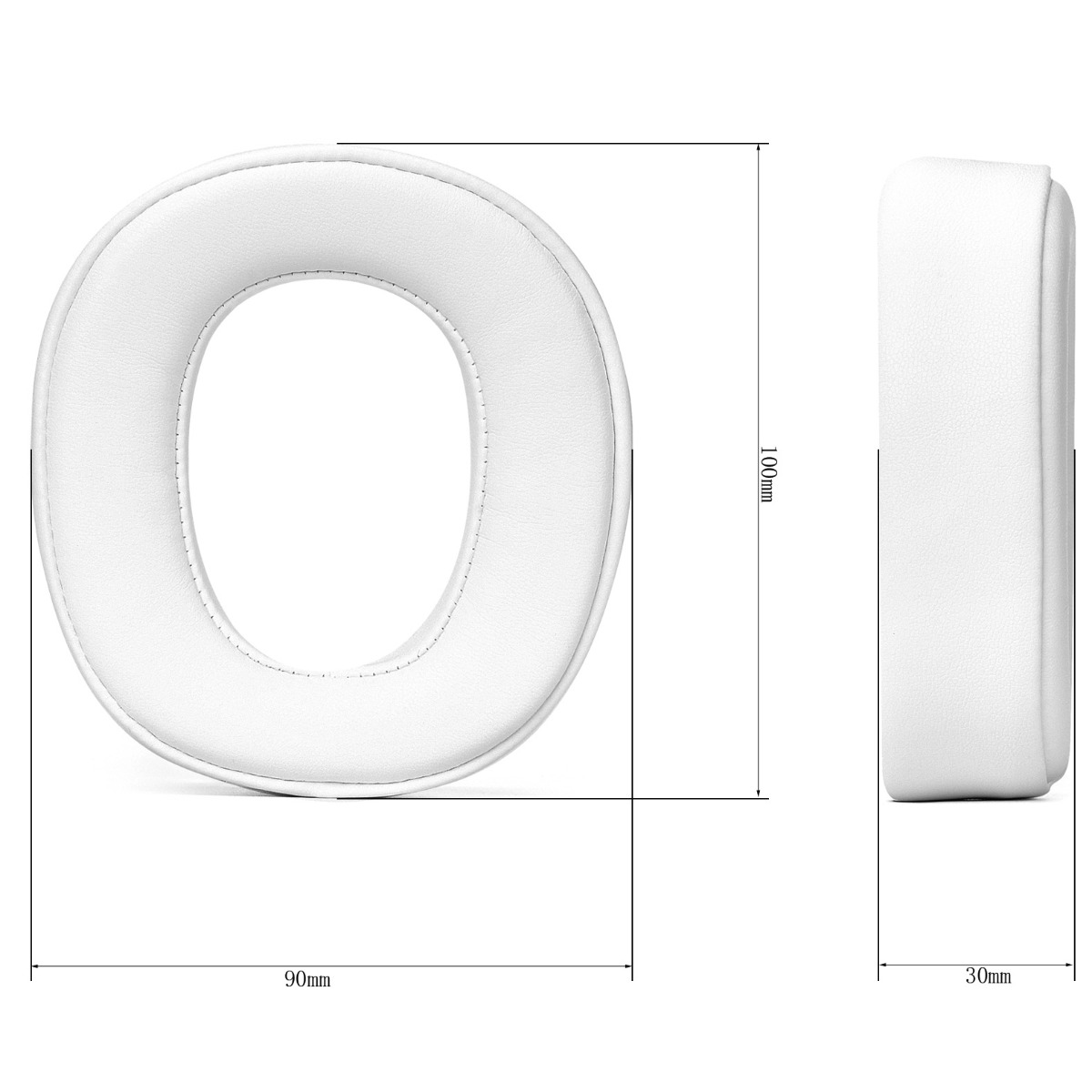 Weiße Kopfhörer-Ohrpolster mit Maßen 90mm und 100mm.