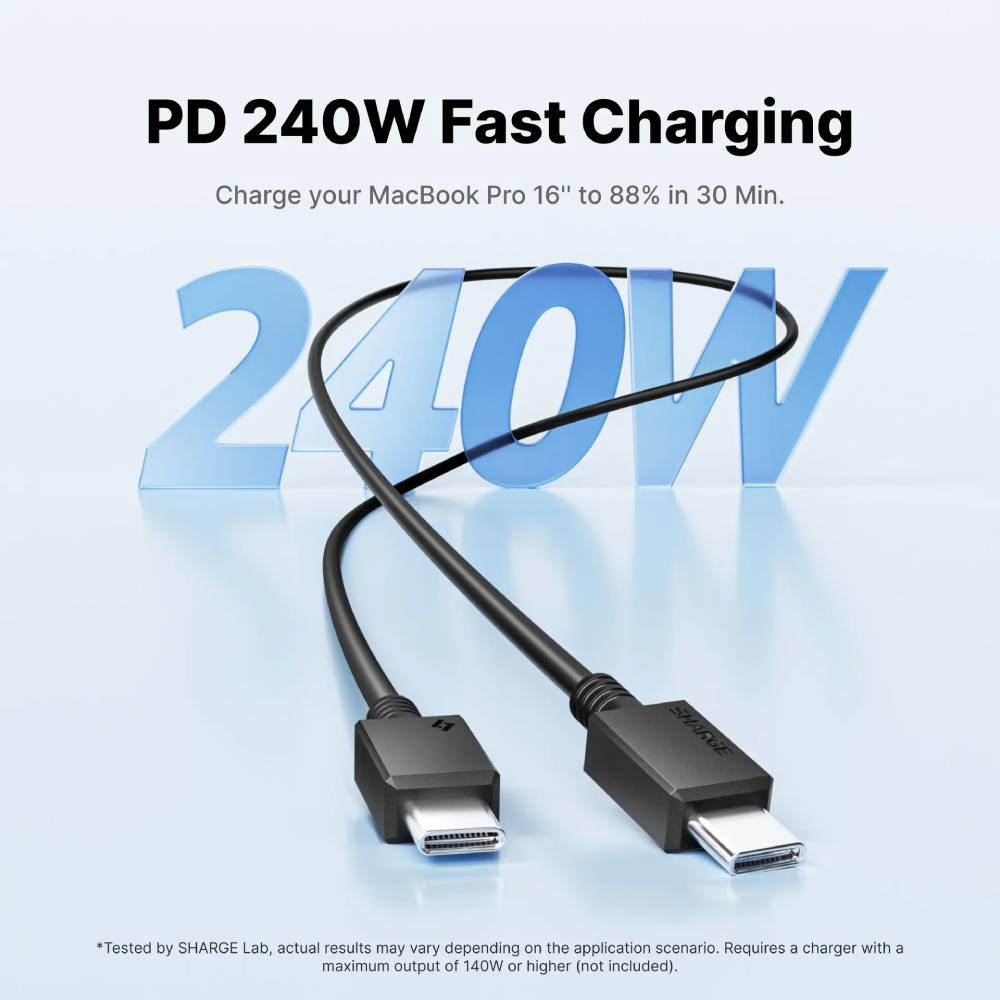 Deux câbles USB-C devant le texte bleu 240W.