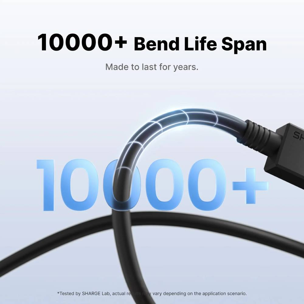 C âble noir avec texte bleu lumineux 10000+ et "10000+ Bend Life Span".