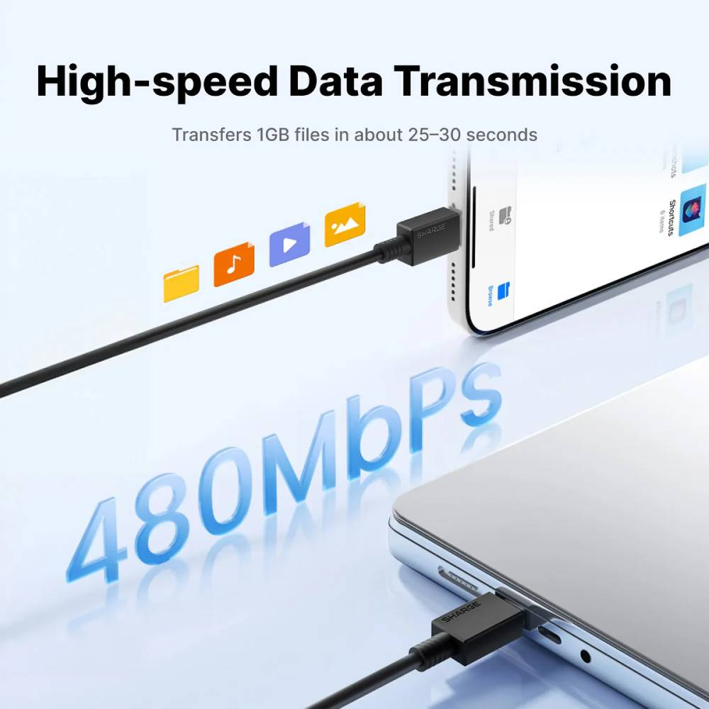Un câble noir relie deux smartphones. 480Mbps s'affiche en évidence.