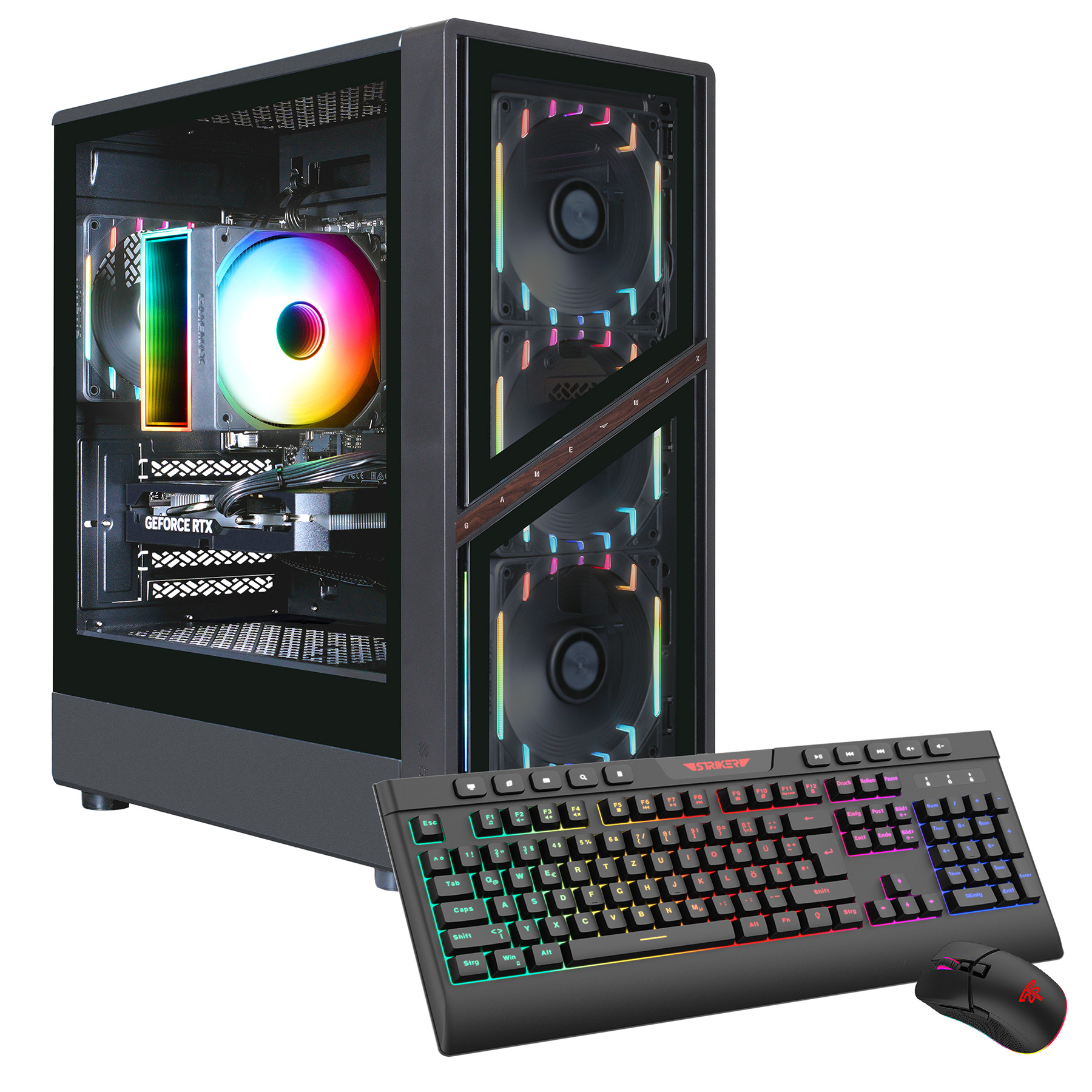 Ein schwarzer Gaming-PC mit RGB-Lüftern, Tastatur und Maus.