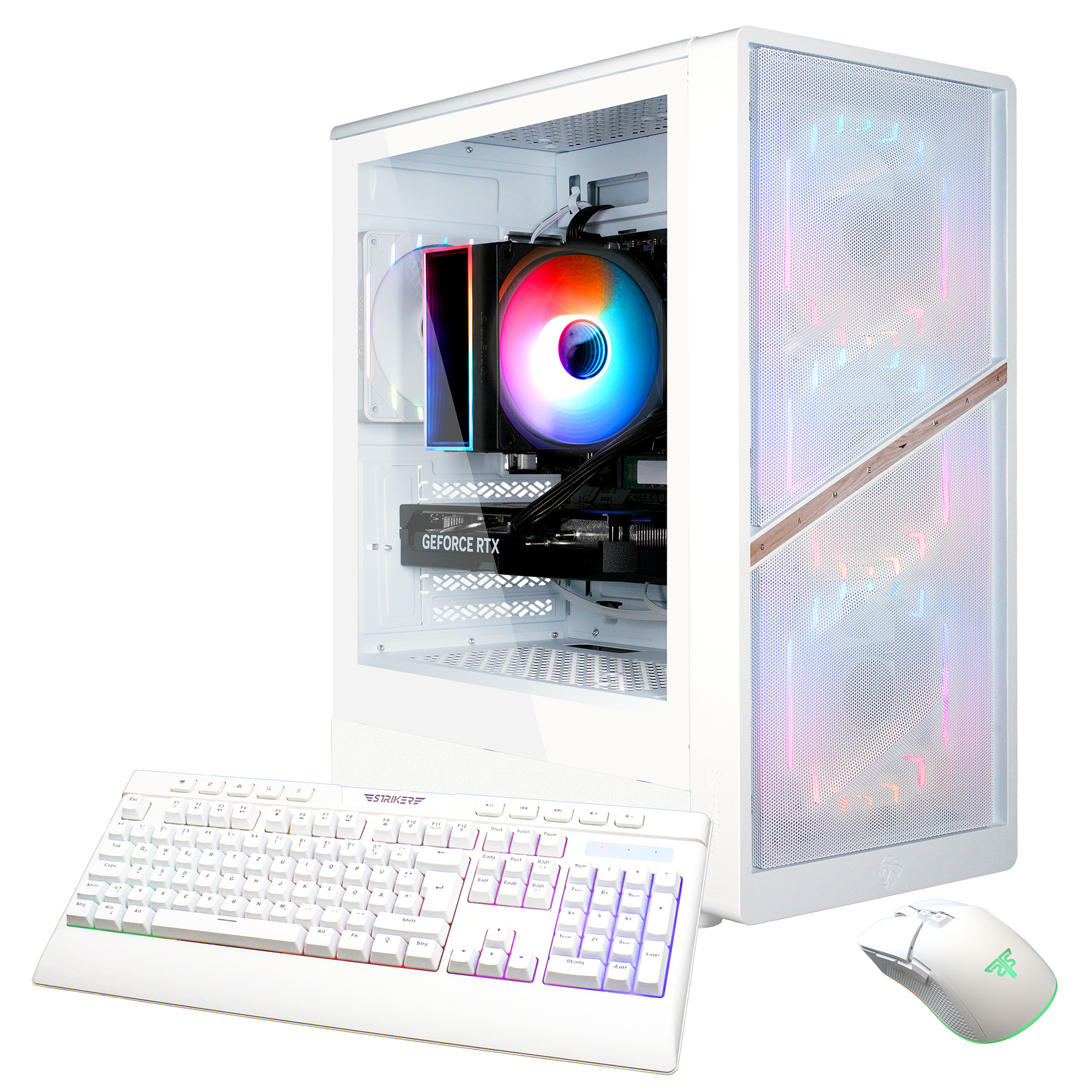 Ein weißer PC mit RGB-Lüftern, Tastatur und Maus auf weißem Hintergrund.