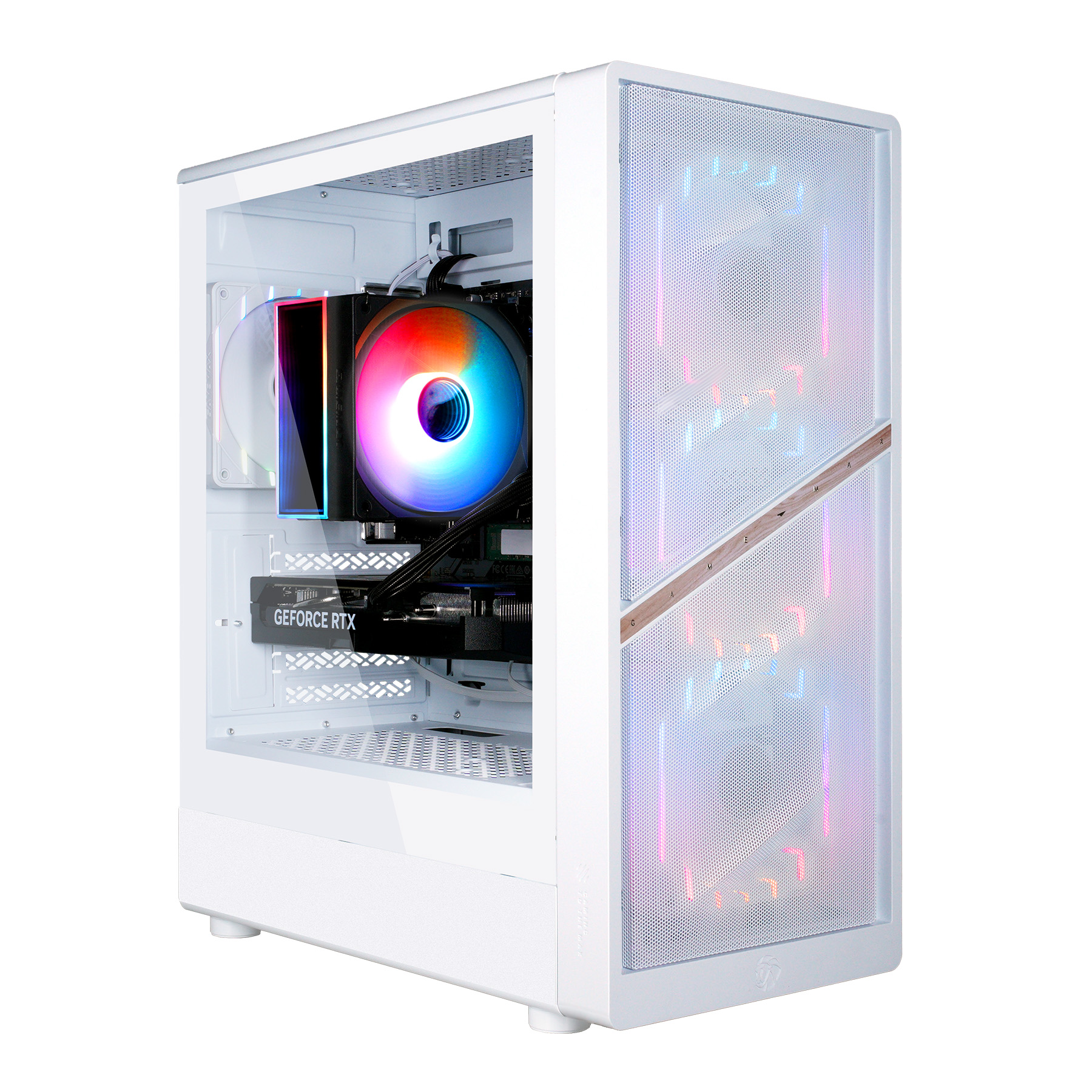 Weißes PC-Gehäuse mit RGB-Lüftern, Grafikkarte und Mesh-Front.