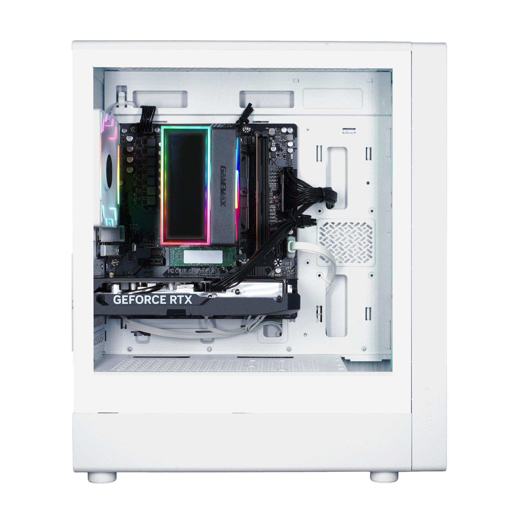 Ein weißes Computergehäuse mit sichtbaren internen Komponenten, darunter eine Grafikkarte.