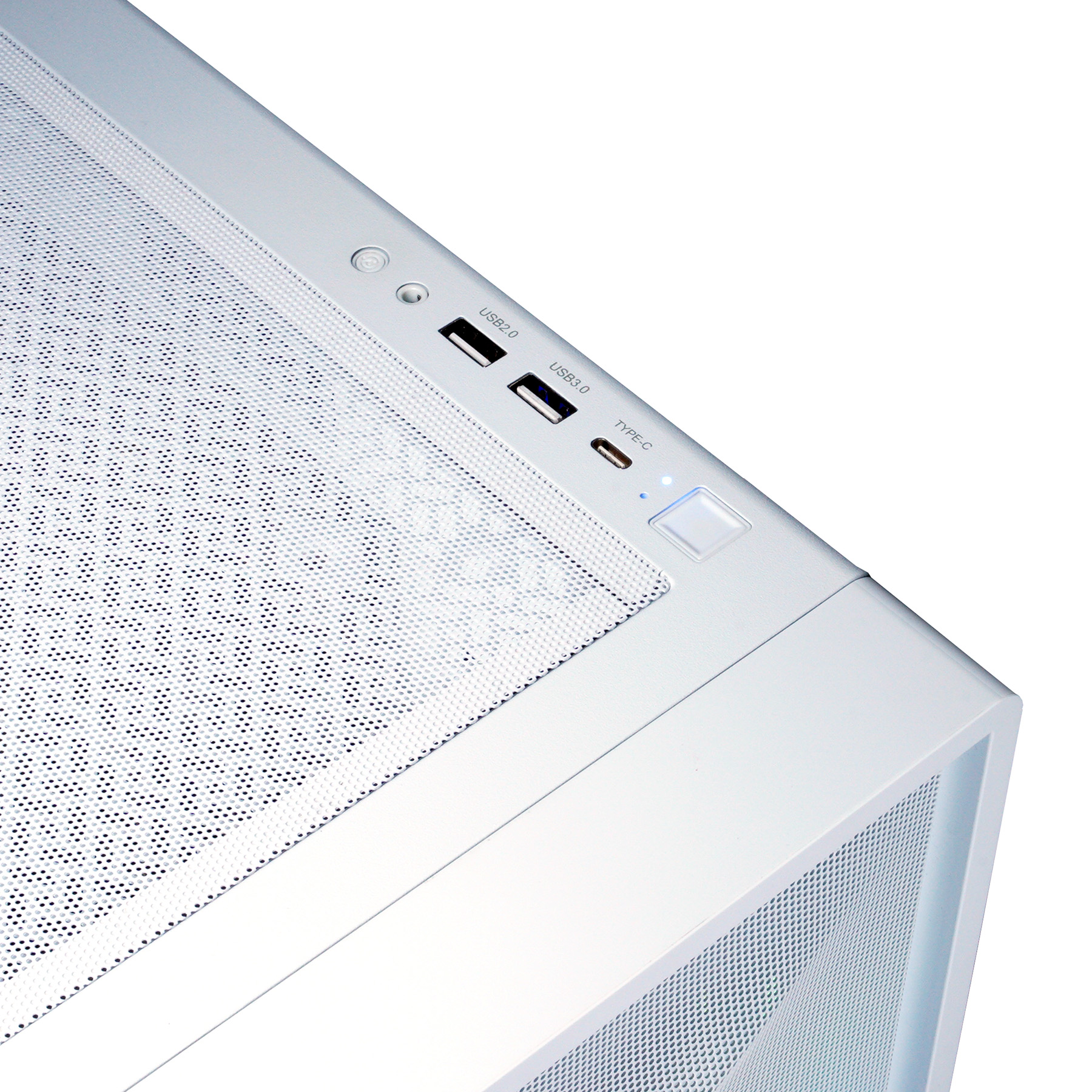 Ein weißes Computergehäuse mit USB-Anschlüssen und einem Netzschalter.