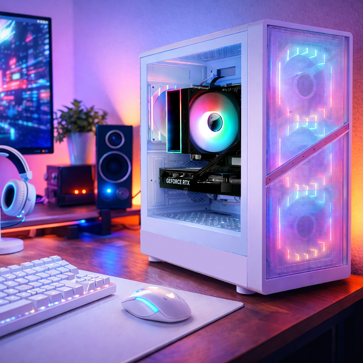 Ein weißer PC-Turm mit RGB-Beleuchtung steht auf einem Schreibtisch mit Tastatur, Maus und Monitor.