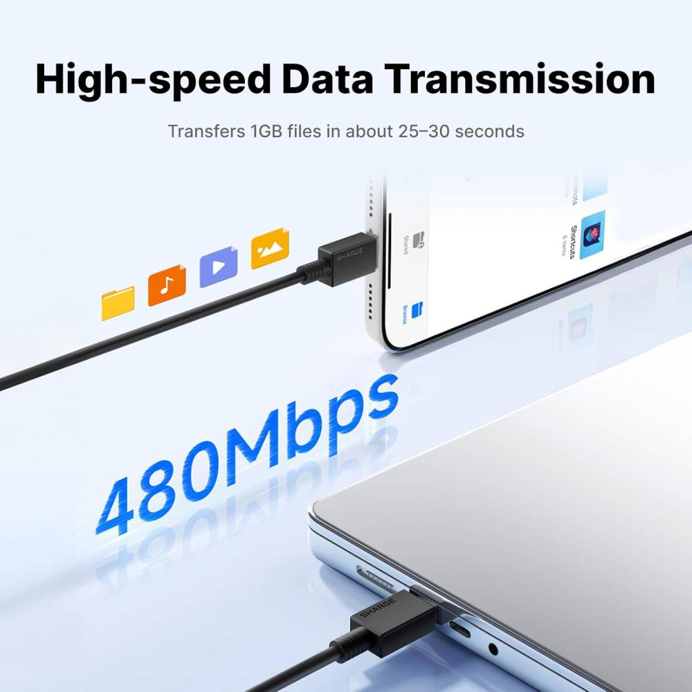 Un câble de chargement relie deux smartphones, affichant un transfert de données de 480 Mbps.