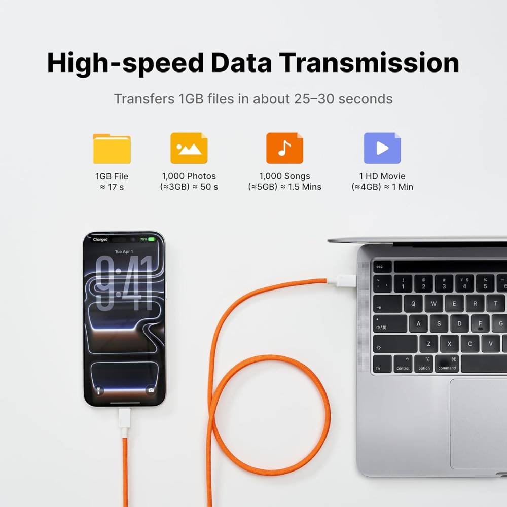 Un smartphone est connecté à un ordinateur portable via un câble orange.