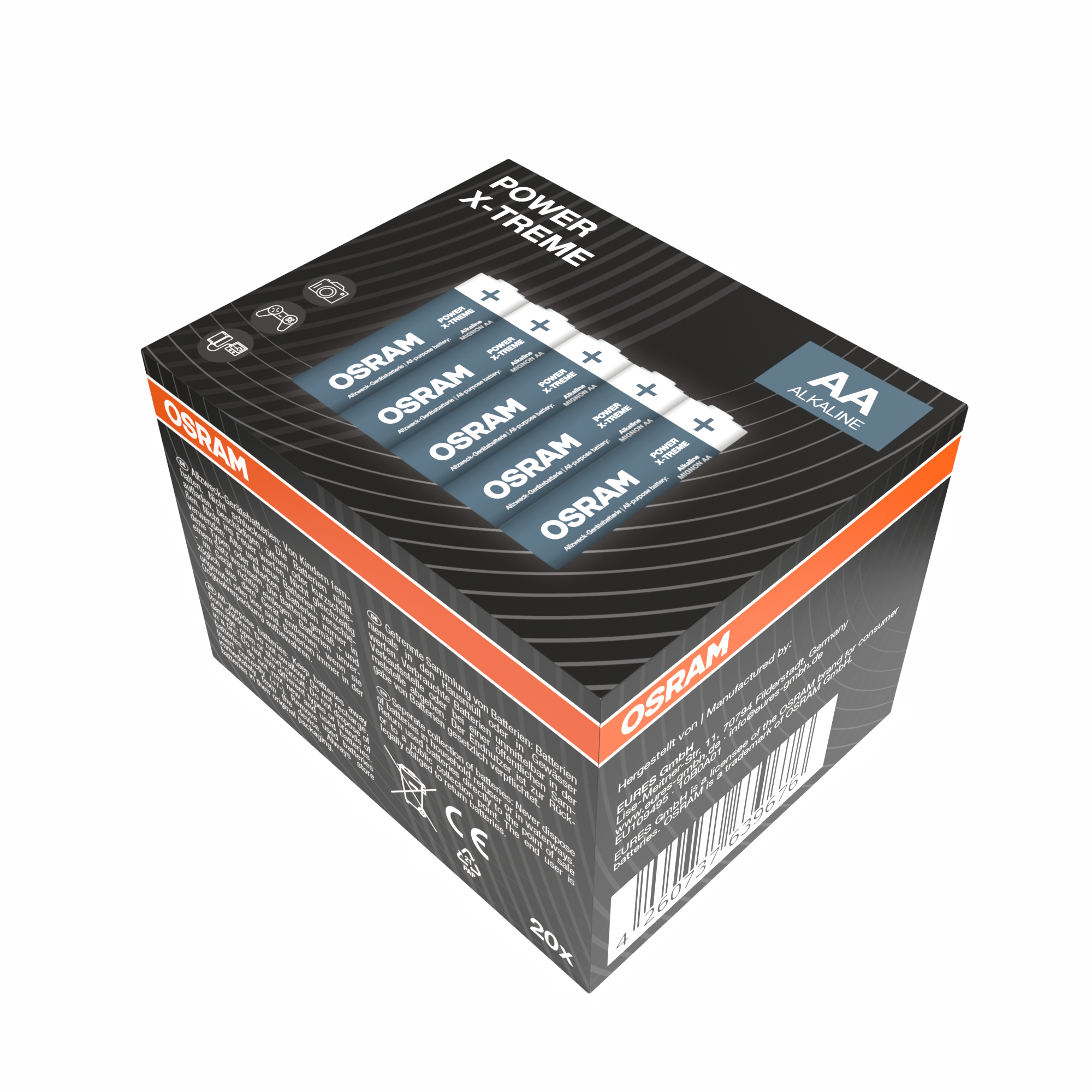 Verpackung mit AA Alkaline Batterien von OSRAM im 20er Pack.