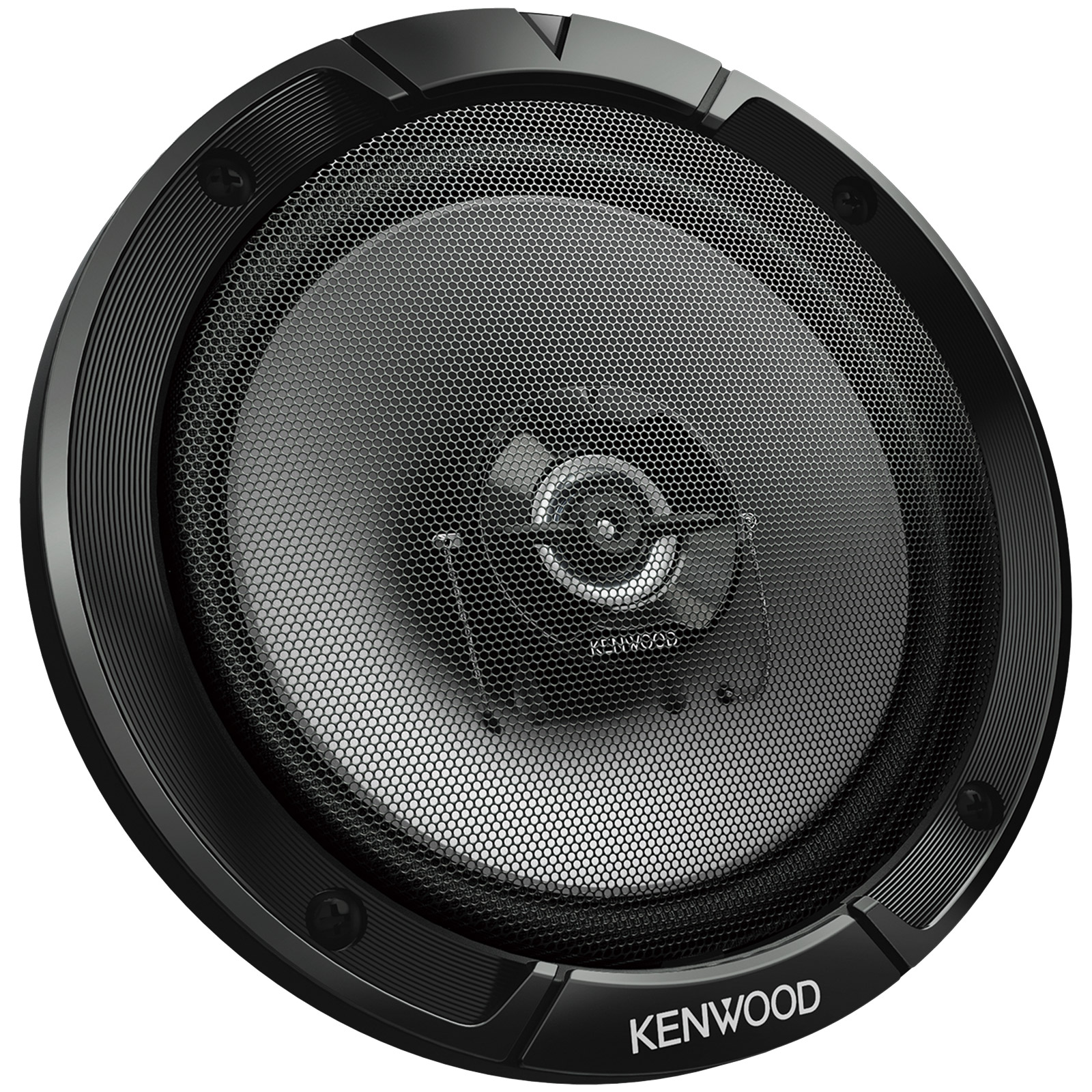 Schwarzer Kenwood Lautsprecher mit rundem Gitter und silbernem Logo.