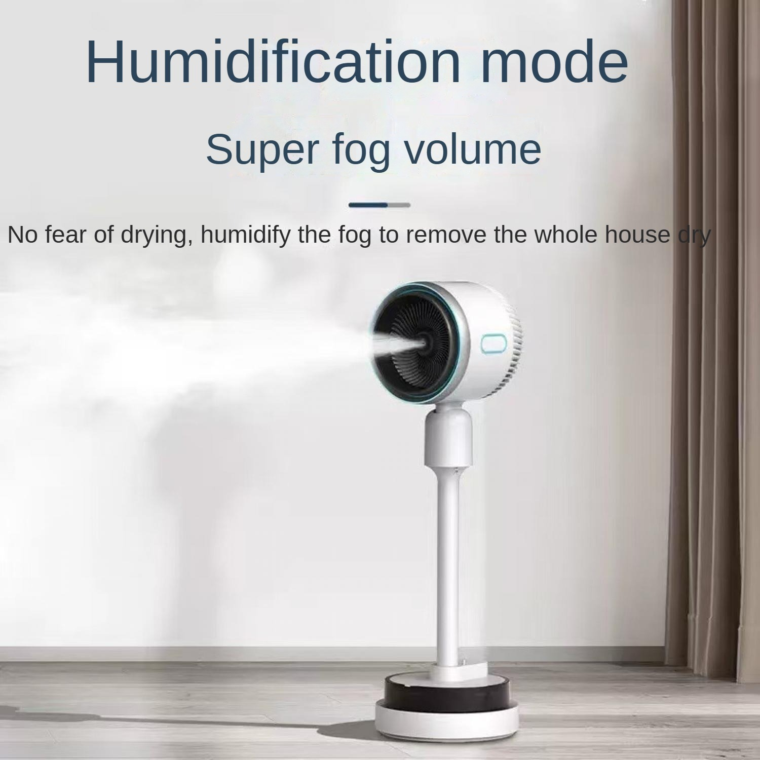 Ein weißer Standventilator mit Nebel sprüht. "Humidification mode".
