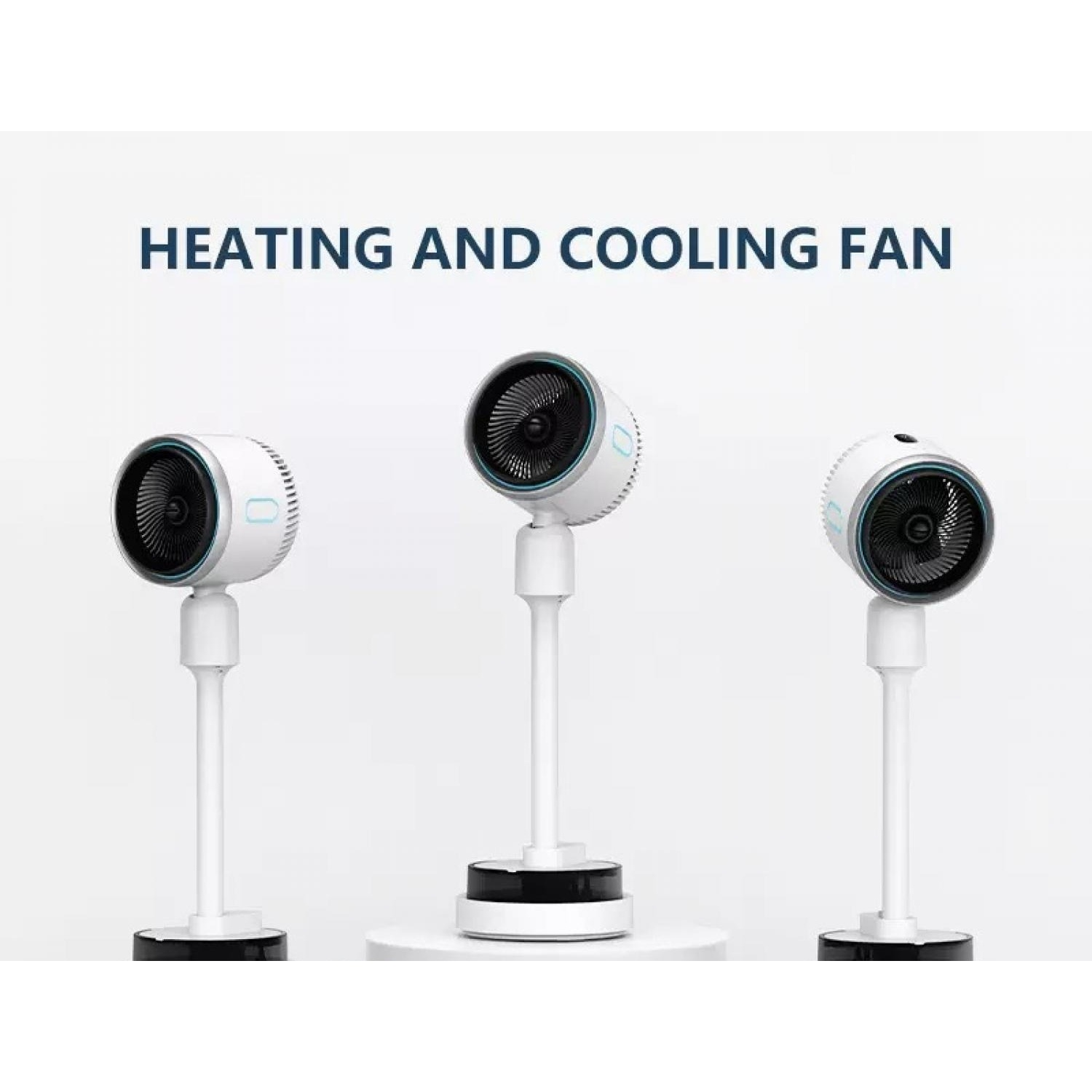 Drei weiße Heiz- und Kühlventilatoren auf Ständern vor einem weißen Hintergrund.