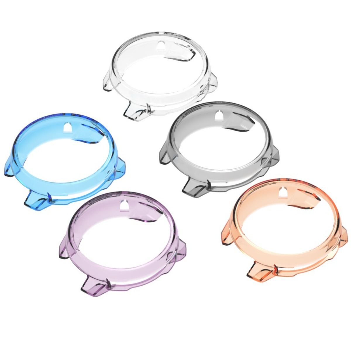 Fünf durchsichtige Schutzhüllen für Uhren in Blau, Lila, Transparent, Grau und Orange.