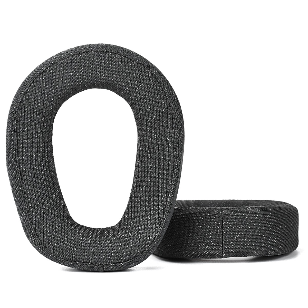 Zwei graue Kopfhörerpolster auf weißem Hintergrund, eines oval, eines rund.