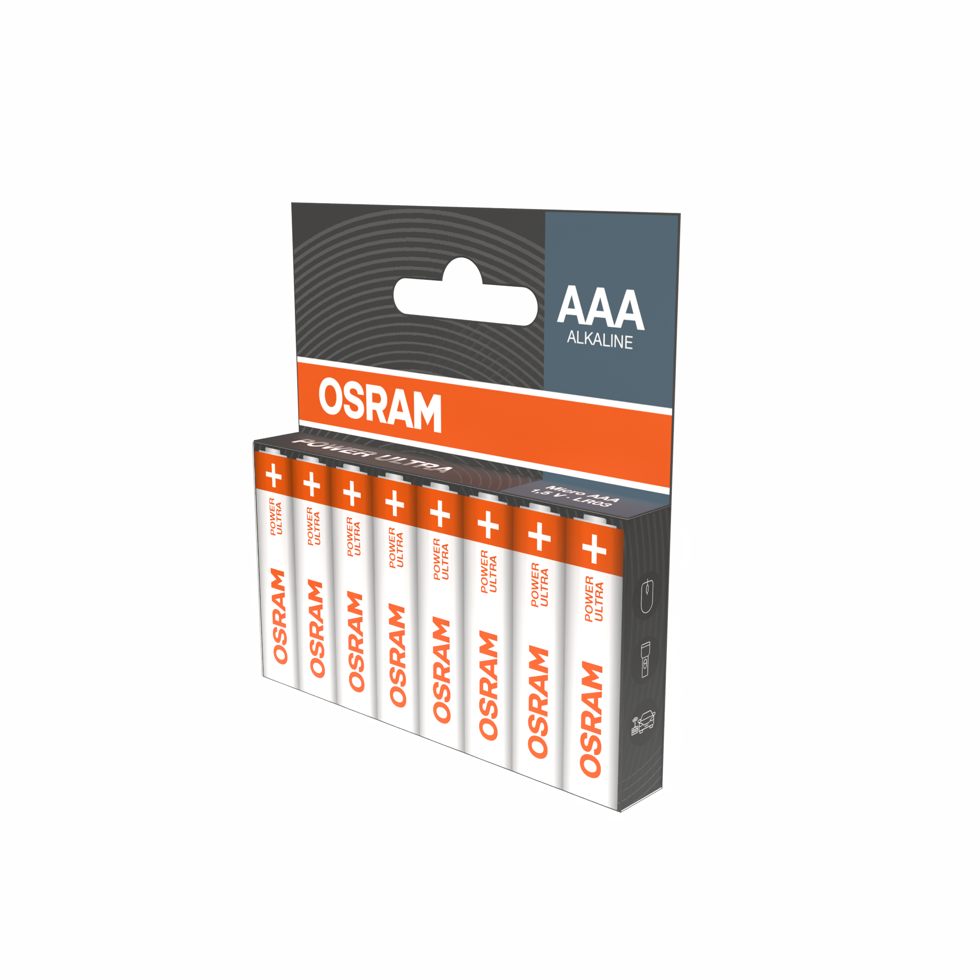 Packung mit acht AAA-Alkalibatterien von Osram Power Ultra.